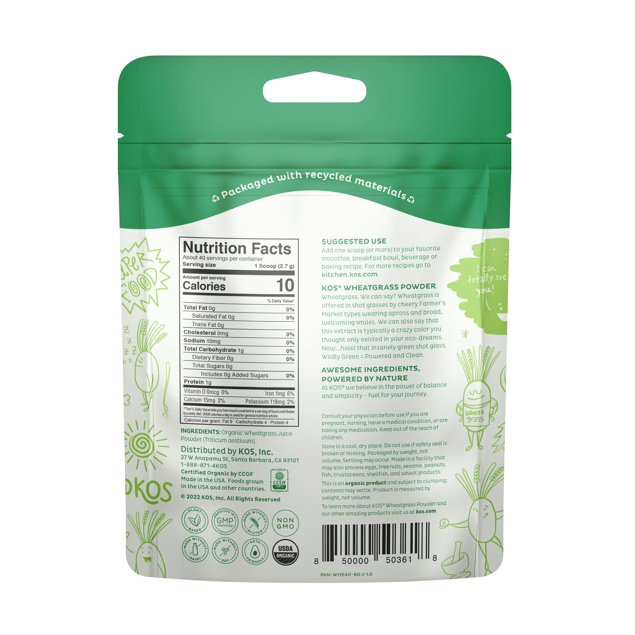 KOS KOS Organic Wheatgrass Juice Powder, Superfood Rich in Chlorophyll & Fiber, Cold-Pressed & Air Dried Plant Based Ingredient - USDA Certified, Non-GMO, Soy & Gluten-Free, 40 Servings Bag