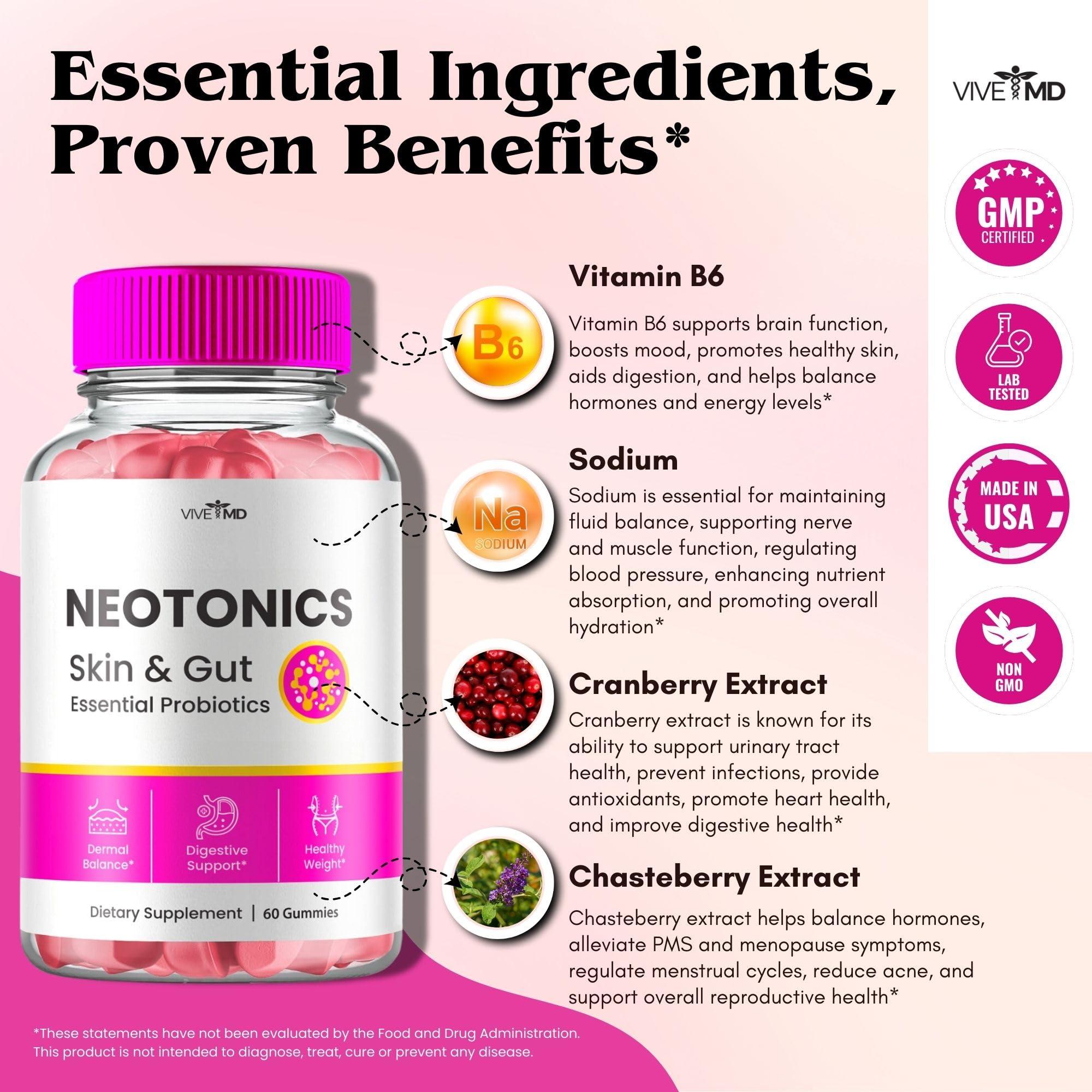 VIVE MD VIVE MD Neotonics Skin and Gut Gummies, Neotonics Skin & Gut, Neotonics Gummies, Neotonics Skin and Gut Gummies Reviews, Maximum Strength Probiotic Supplement for Clear Skin Gummies (5 Pack)