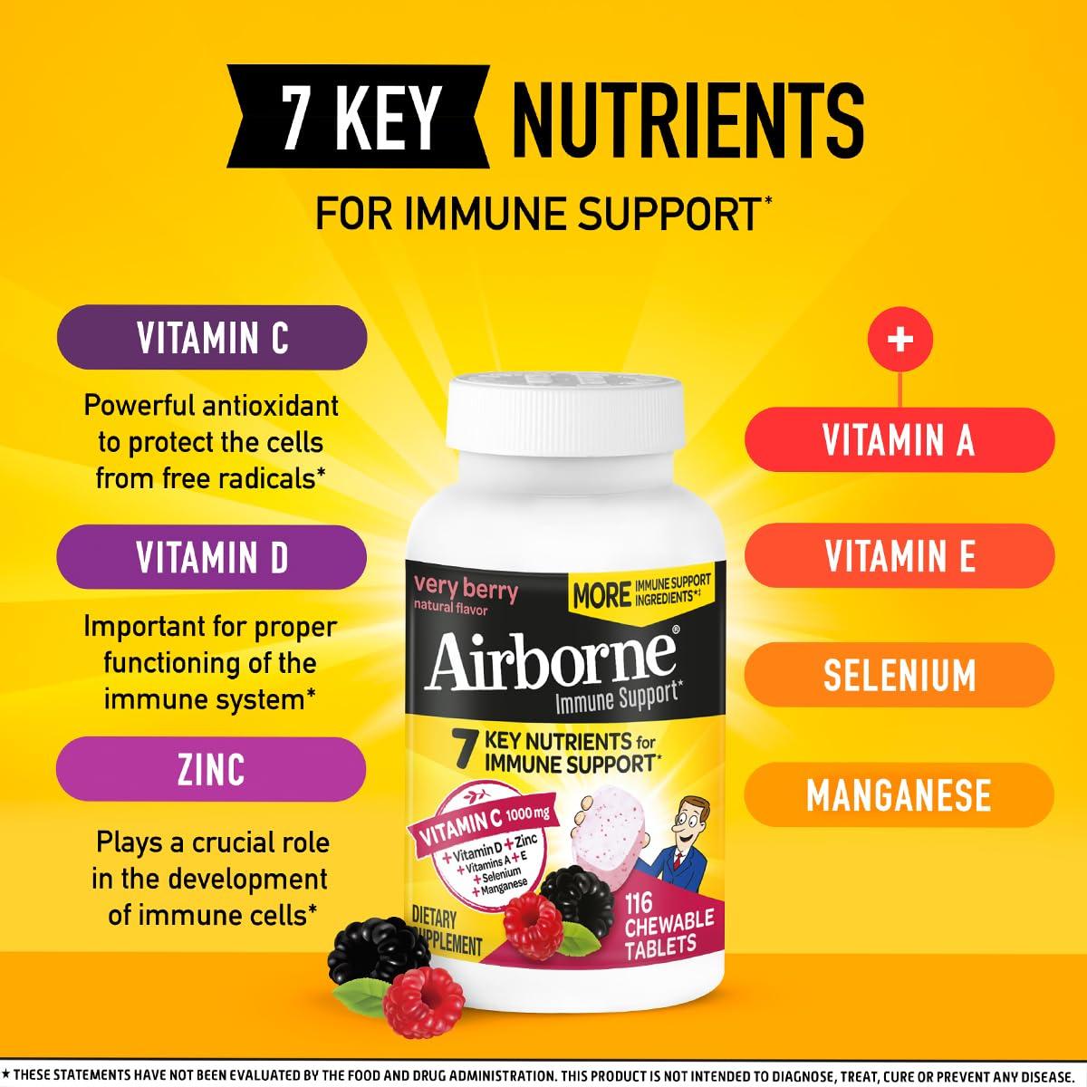 Airborne Airborne 1000mg Vitamin C + Zinc Immune Support Supplement Chewable Tablets, Very Berry Flavor with Powerful Antioxidants Vitamins A C & E, 116 Chewable Tablets (2 Pack)