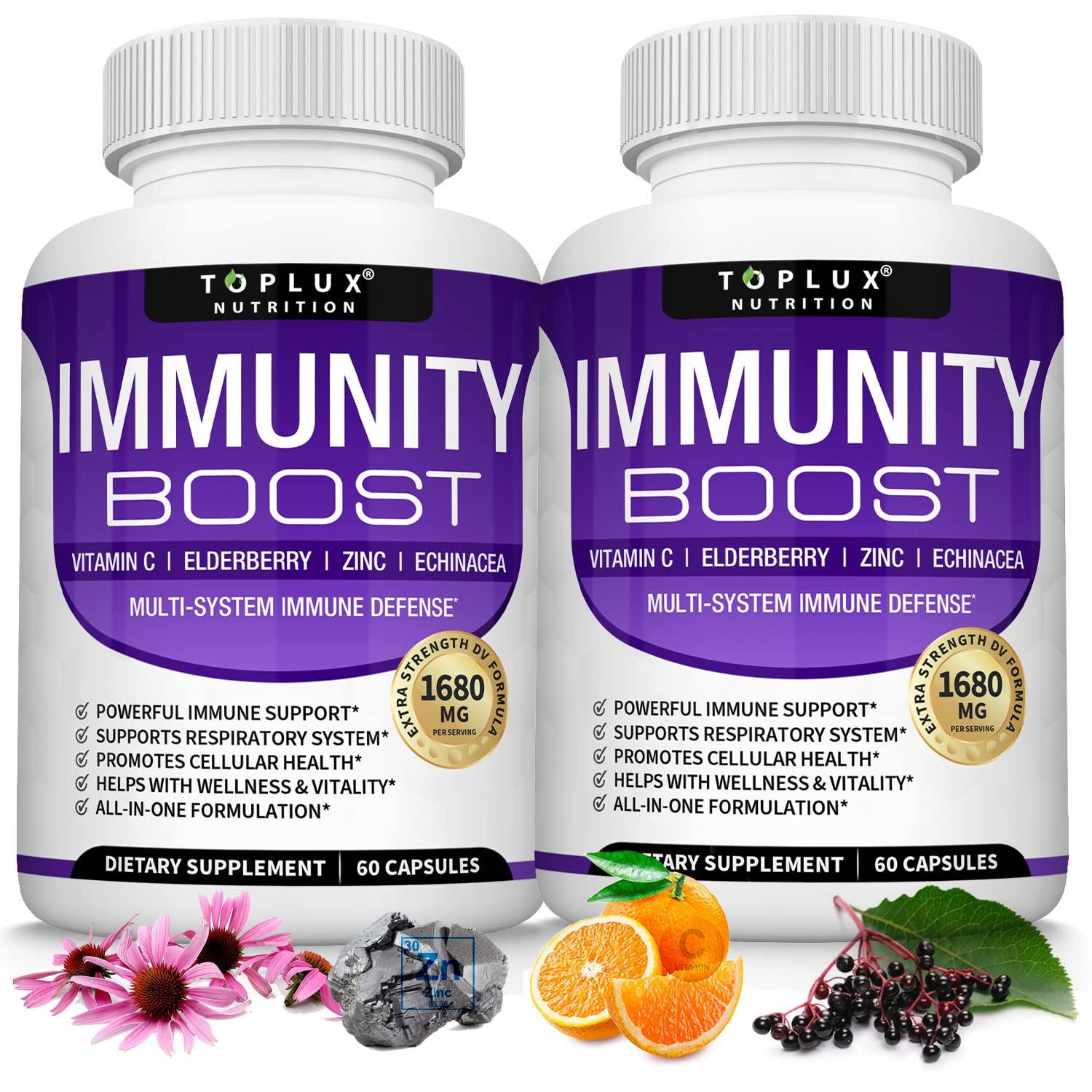 Toplux 10 in 1 Immunity Boost Immune Support Supplement – 1650mg Made with Elderberry, Vitamin C, Zinc, Echinacea & Probiotics for Immune System Booster, Support Healthy Respiratory System, 2x 60 Capsule