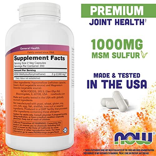 NOW NOW MSM 1000mg, 400 Veg Capsules (Pack of 2) Methyl-Sulphonyl-Methane, Made in USA, Sulfur Supplement, Joint Health, Non-GMO, Vegan/Vegetarian Friendly