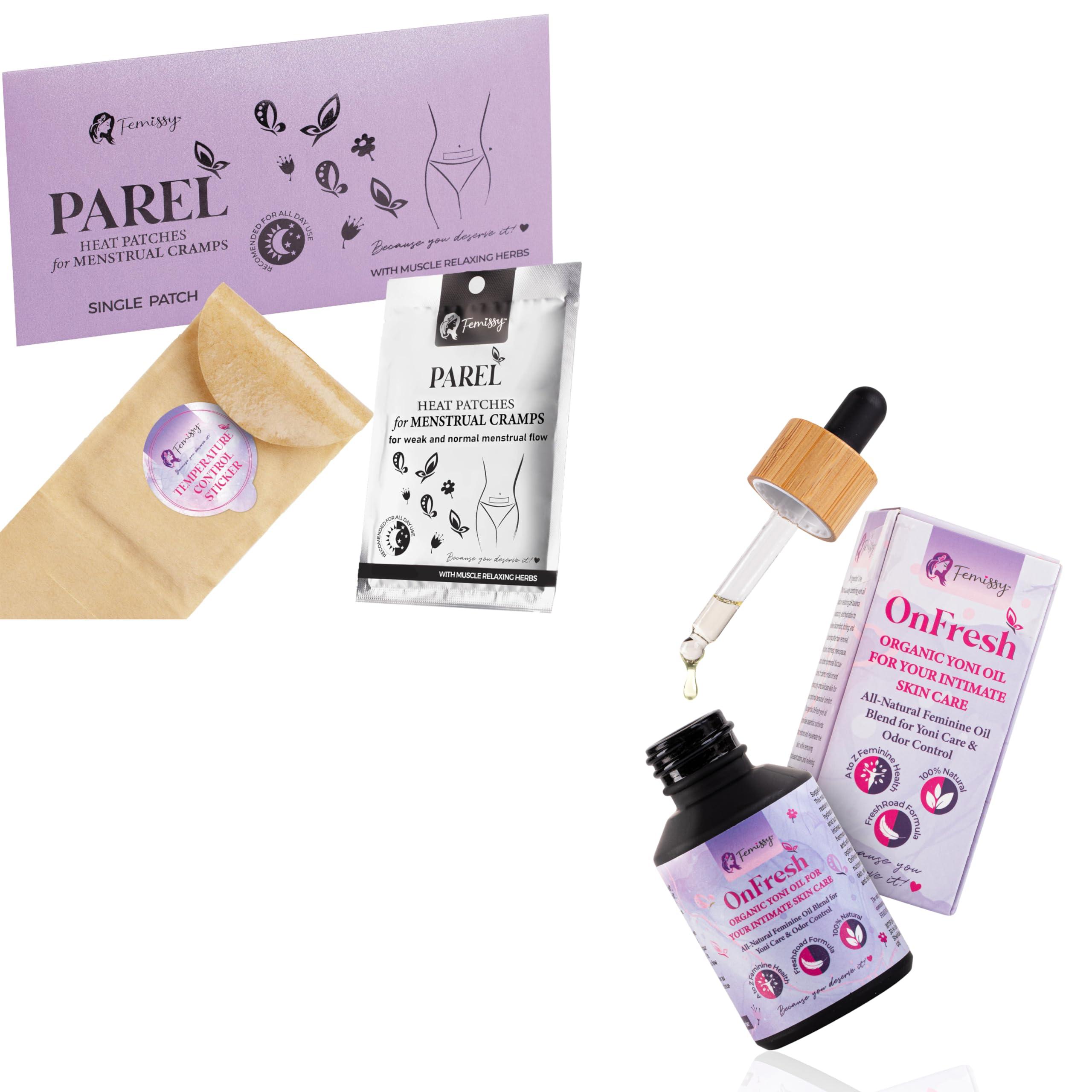 Femissy Heat Patches for Menstrual Cramps Based on Flow Strength, 1 Single Patch for Weak & Normal Flow + Natural Yoni Vulva Oil for Women PH Balance & Dryness (1 fl oz) Sensitive Skin Herbal Moisturizer