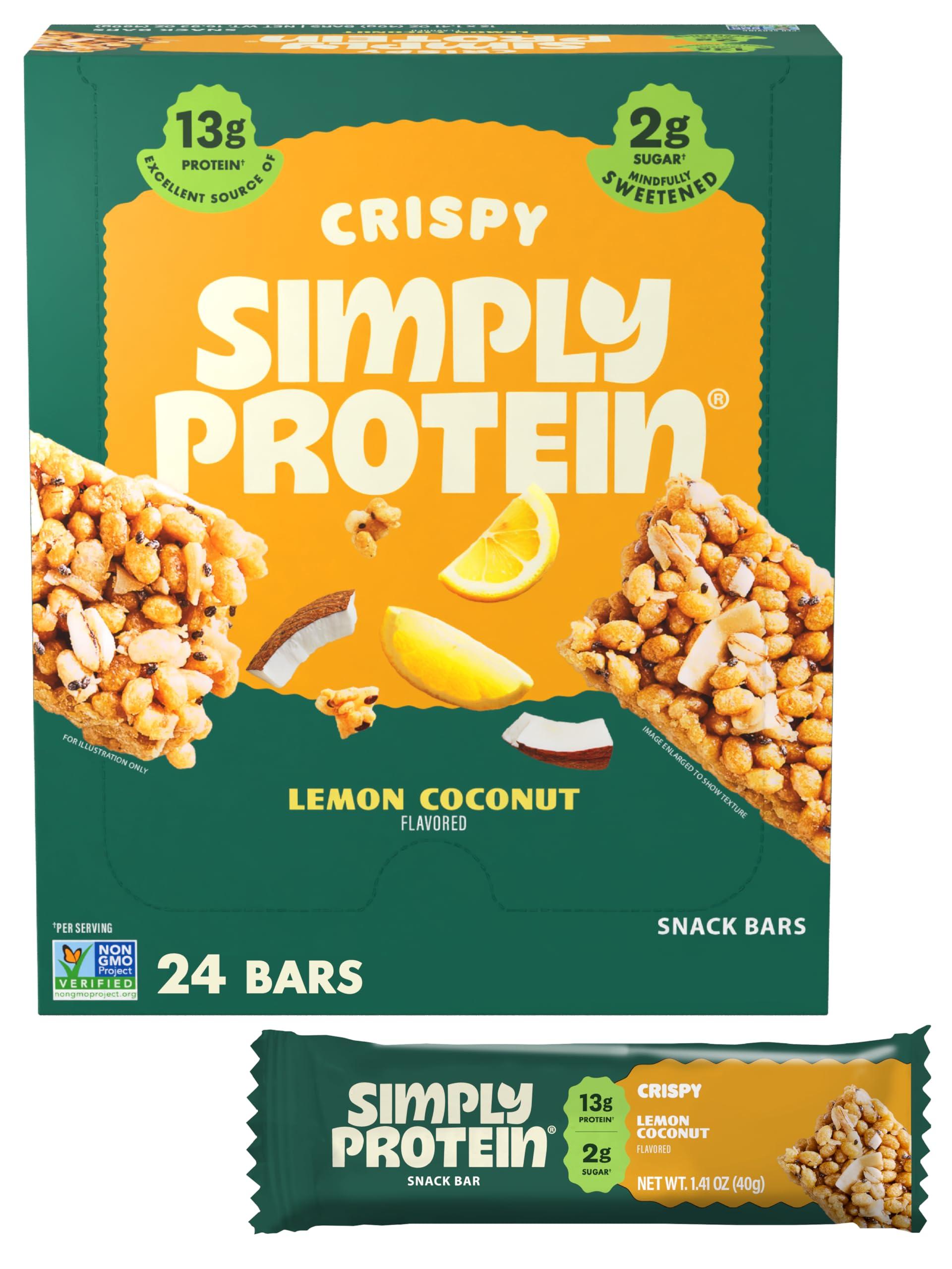 Simply Protein Simply Protein - Lemon Coconut Crispy Bars - Plant Based Protein Bars - Low Carb, Low Sugar, High Fiber - 12g Protein, 2g Sugar, 7g Fiber - Vegan, Gluten Free, Non GMO, Kosher - 24 Bars