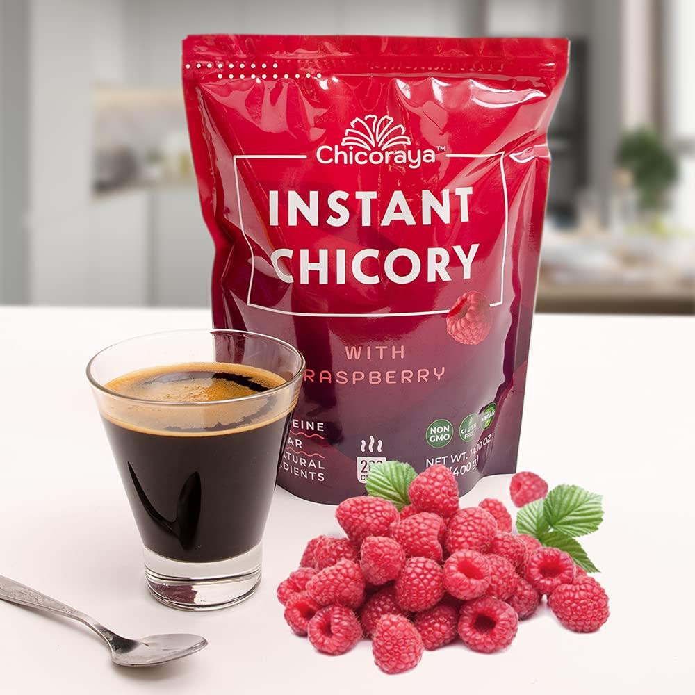 CHICORAYA CHICORAYA Instant Chicory Coffee - Best for Decaf and Diet - Keto & Vegan Beverage Blend - Coffeine-Free Cofee Substitute Alternative - Roasted Root Powder, No Sugar (Raspberry, 14.1 oz)
