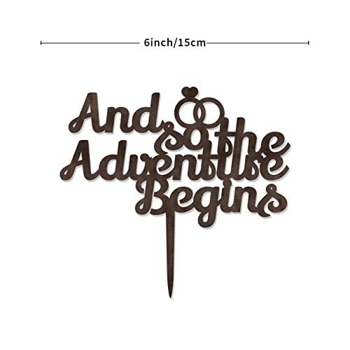 YJHLBHDIAN And So The Adventure Begins Rings Cake Topper for Wedding Mr And Mrs Cake Topper for Wedding Bridal Shower Cake Toppers Custom Last Name Couple Married Gift Personalized Topper Wood Brown