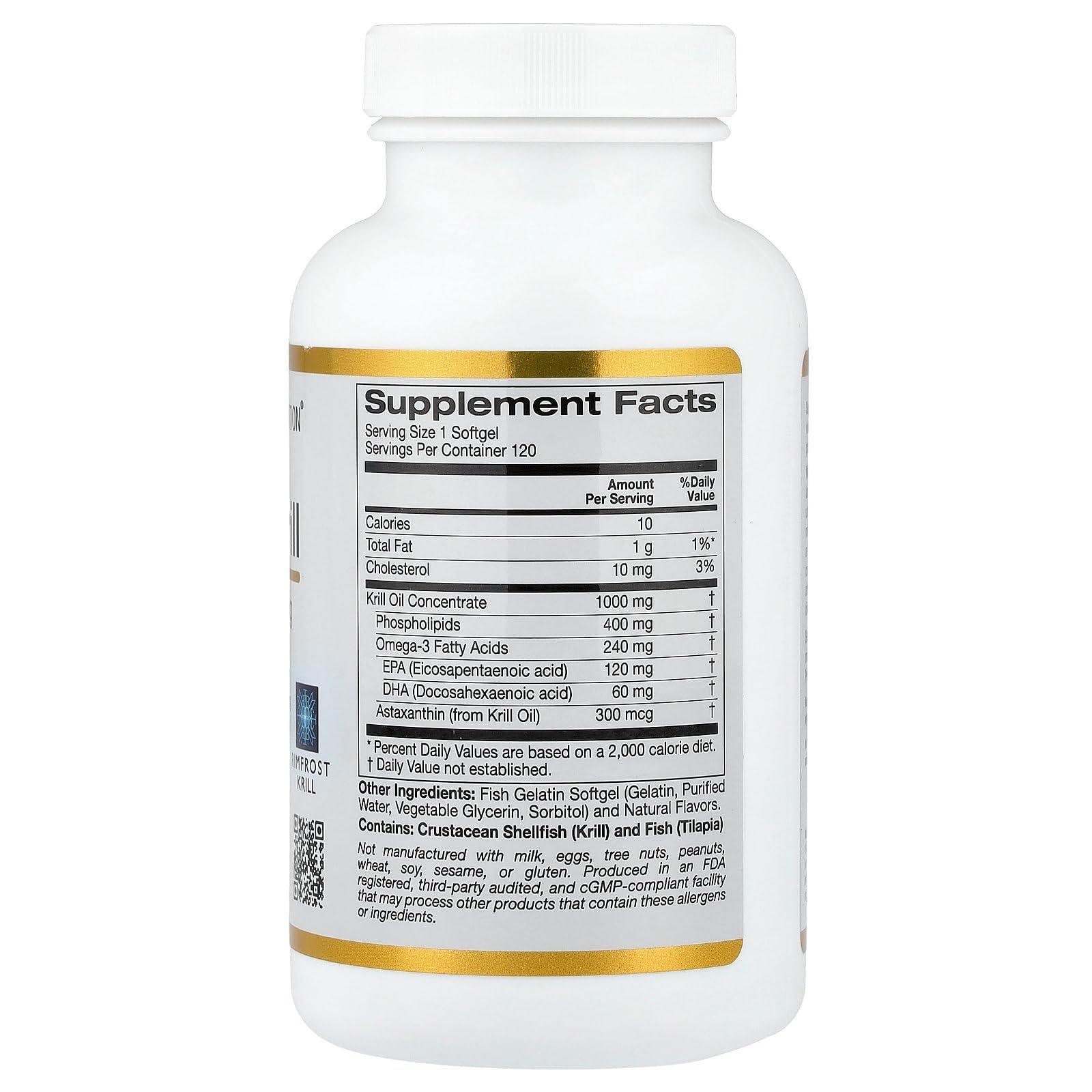 California Gold Nutrition Antarctic Krill Oil, Omega-3 Phospholipids with Naturally Occurring Astaxanthin, Natural Strawberry & Lemon Flavor, Non GMO, 1,000 mg, 120 Fish Gelatin Softgels