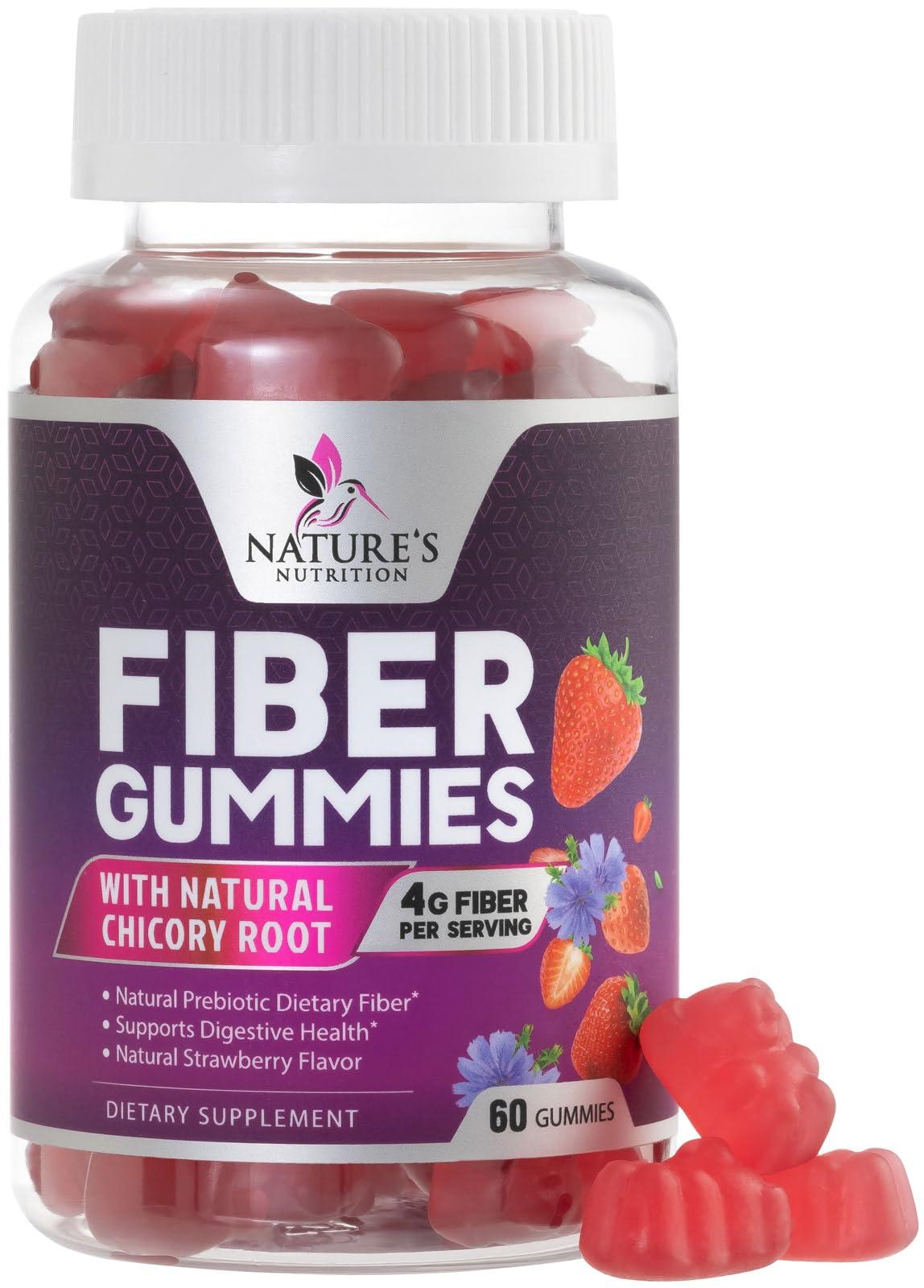Nature\'s Nutrition Fiber Supplement Gummies for Digestive Health & Regularity Support, Fiber 4g Gummy for Adults, Daily Prebiotic Supplements, Natural Prebiotic Fiber Gummy, Plant Based, Strawberry Flavored - 60 Gummies