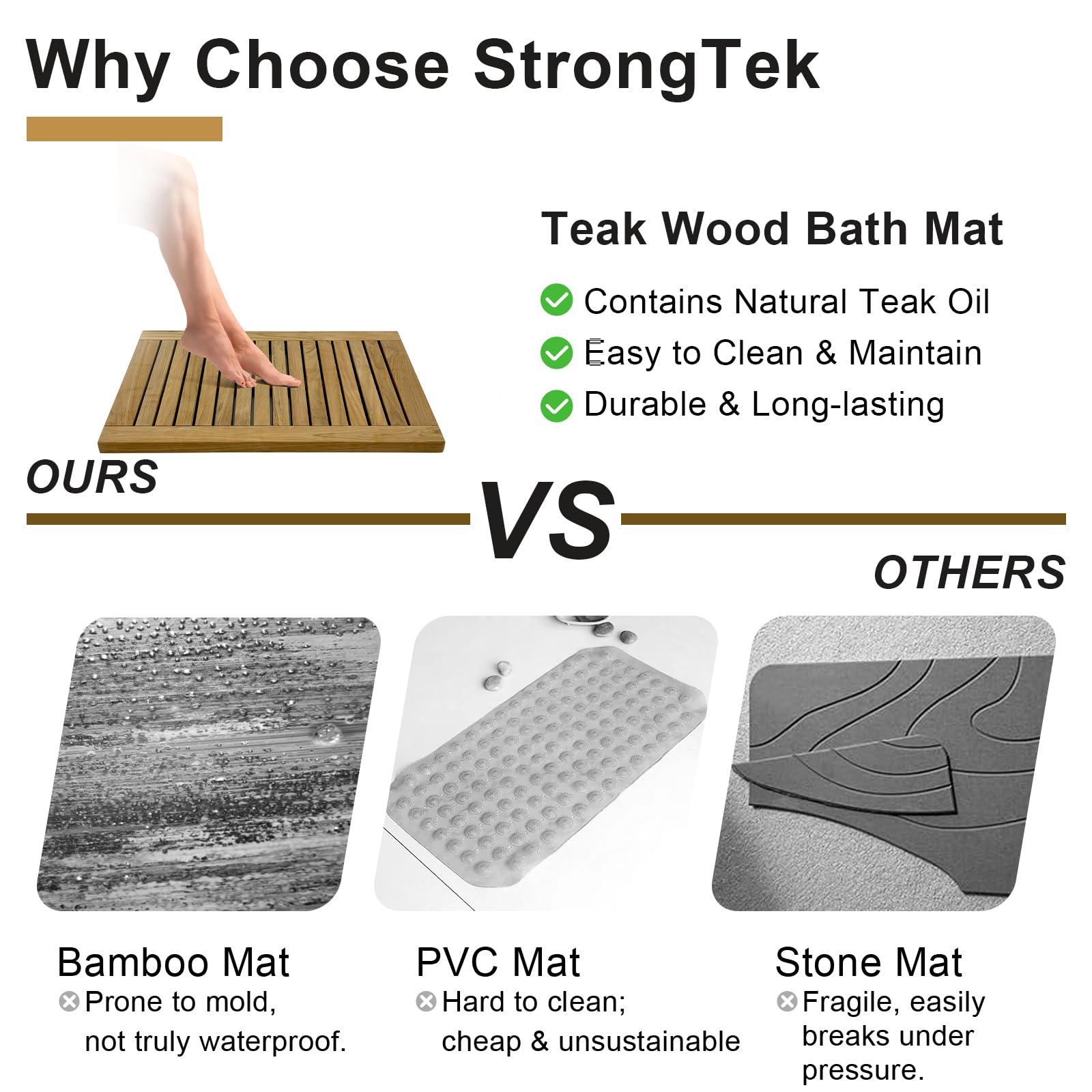 StrongTek StrongTek Teak Shower Mat, 23.6\" x 17.8\" x 1.6\", Wooden Bath Mat, Water-Resistant and Durable, Easy-to-Clean Teak Floor Mat for Safety, Ideal for Bathrooms, Saunas, Spas, Showers, and Outdoor Use