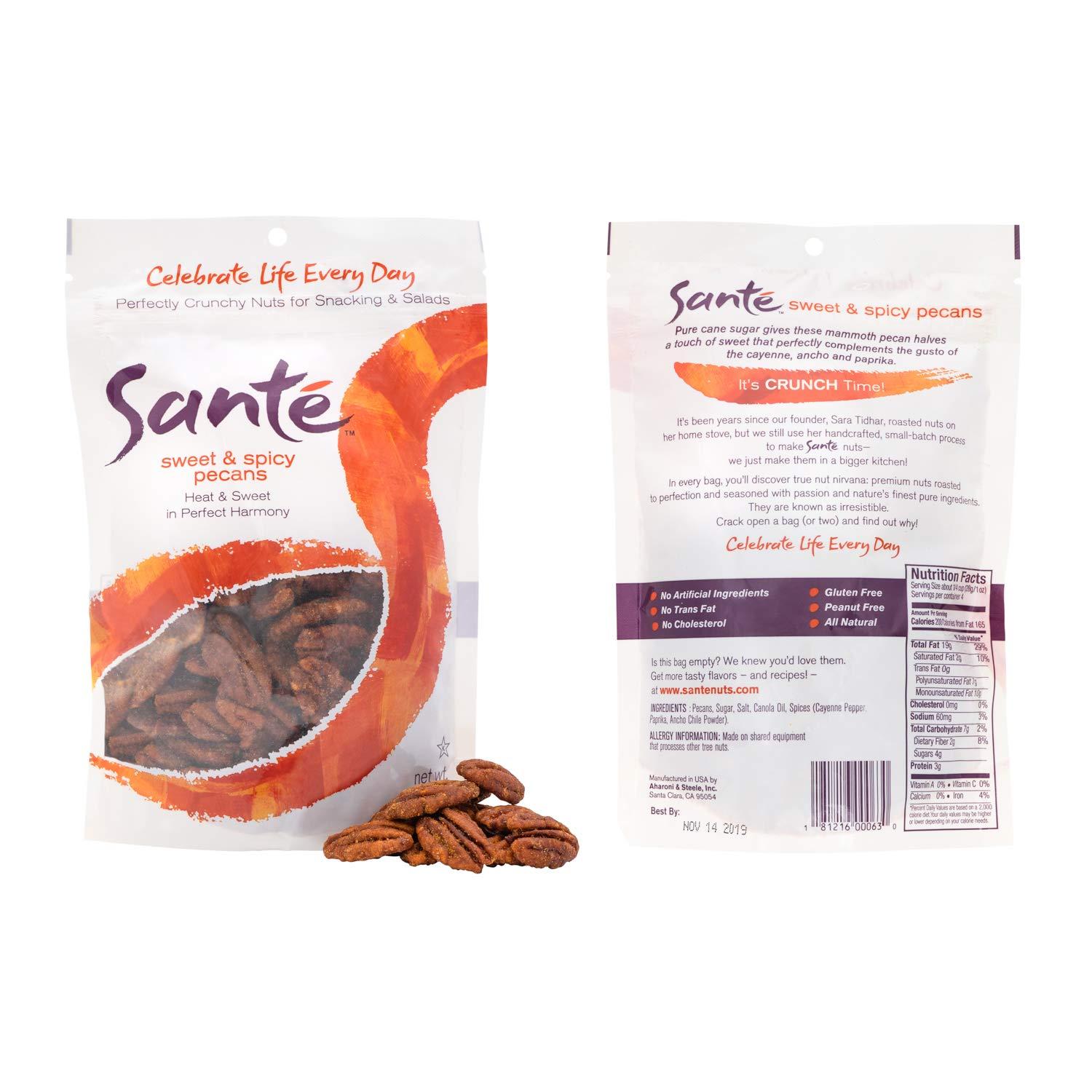 Sante Sante Sweet and Spicy Pecans | Gourmet Seasoned Nuts | All Natural, non-GMO | Gluten Free, Peanut Free | 6 Pack of 4 Ounce Resealable Bags