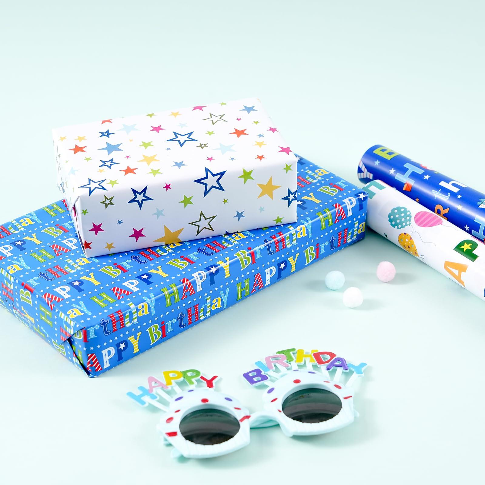 PlandRichW PlandRichW Birthday Wrapping Paper 4 Mini Rolls 17 x 120 for Kids Boys Girls, Colorful Happy Birthday Letters and Stars Design, Gift Wrapping Paper for Women Men Baby Shower Holiday