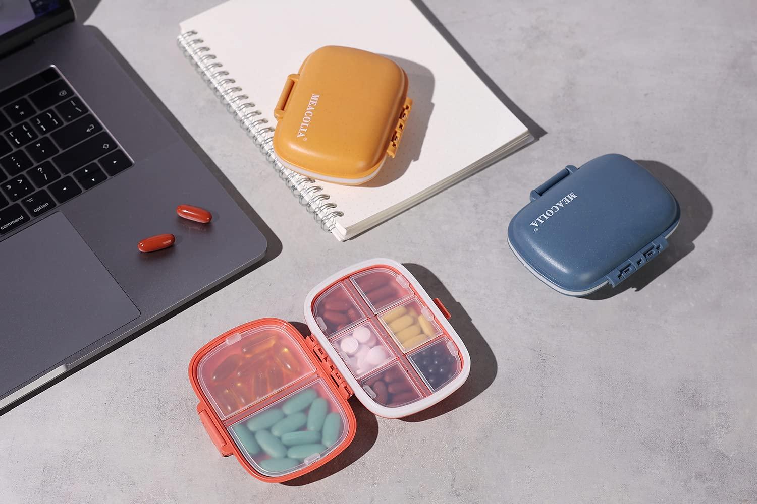 MEACOLIA MEACOLIA 3 Pack 8 Compartments Travel Pill Organizer, Daily Pill Case Small Pill Box for Pocket Purse, Portable Pill Container Medicine Vitamin Organizer (Red, Yellow, Dark Blue)