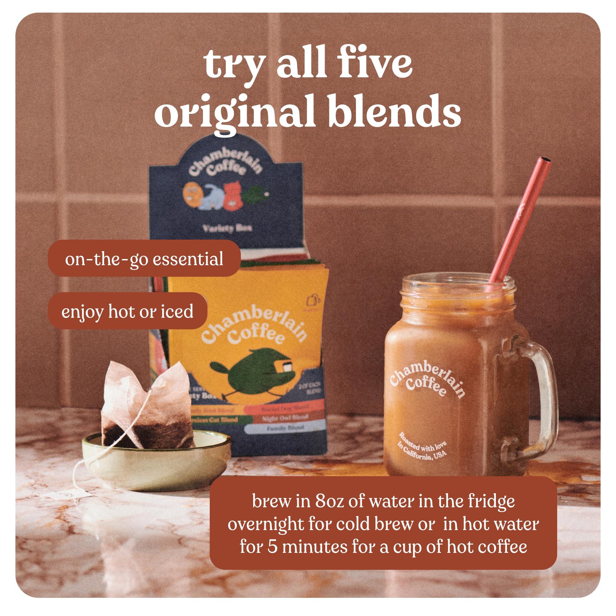 Chamberlain Coffee Chamberlain Coffee Variety Box Single Serve Bags - Includes 5 Blends, Original Family Blend, Early Bird Blend, Night Owl Blend, Careless Cat Blend, Social Dog Blend - 10 Single Serve Cold Brew Sachets