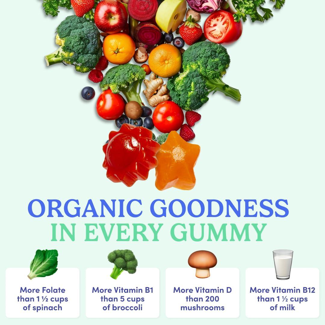 FIRST DAY FIRST DAY Kids Essential Multivitamin Gummies, Vitamin A, D3, B6, B12, C, K2 & More + Organic Fruits & Veggies for Growth, Brain, Immunity. Natural Strawberry & Orange Flavor, Low Sugar. 30-Day Supply