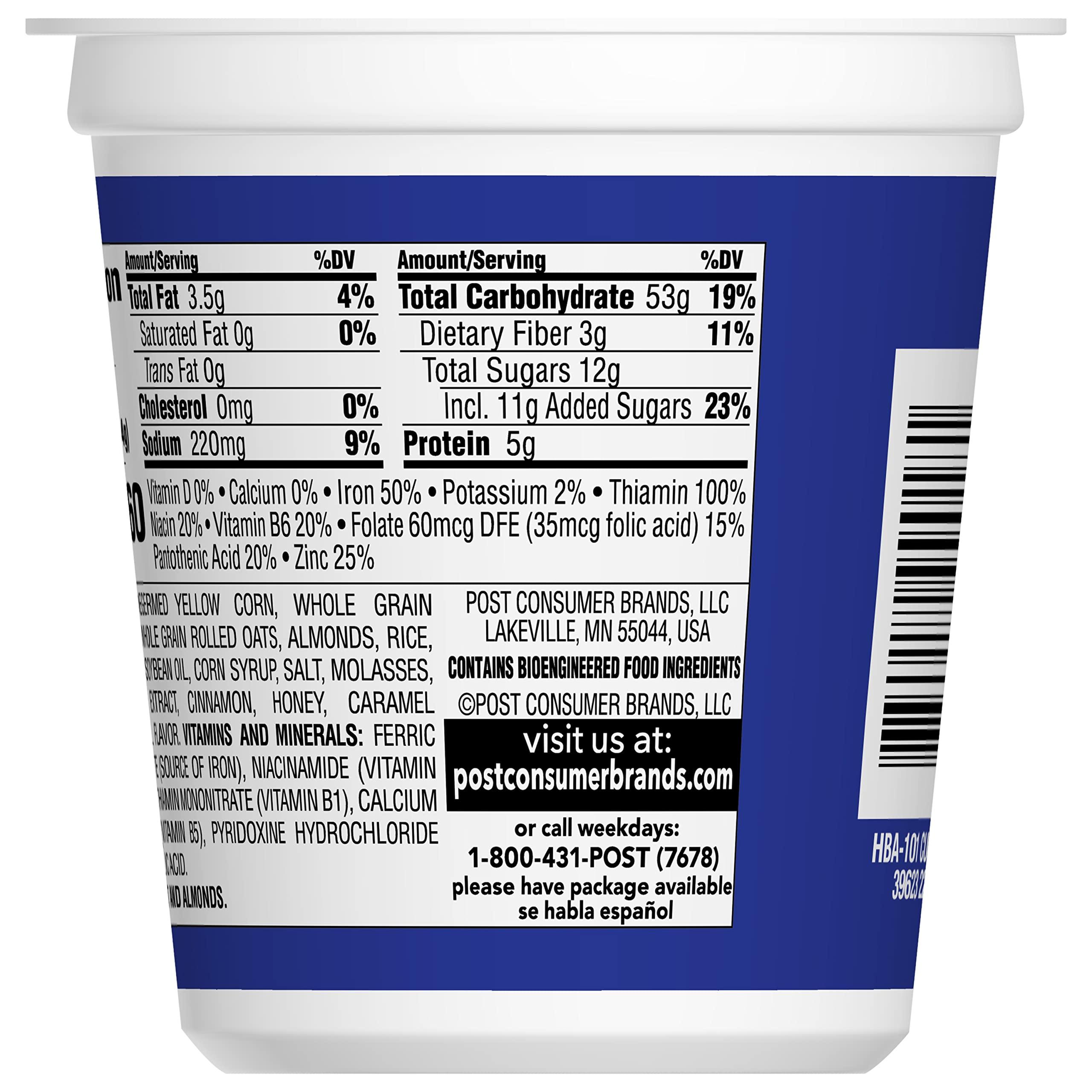 Post Post Honey Bunches of Oats with Almonds Breakfast Cereal, Honey Cereal with Granola Clusters and Sliced Almonds, Small Cereal Cup Size for Easy On-The-Go Breakfast, 2.25 OZ Cereal Cup (Pack of 12)