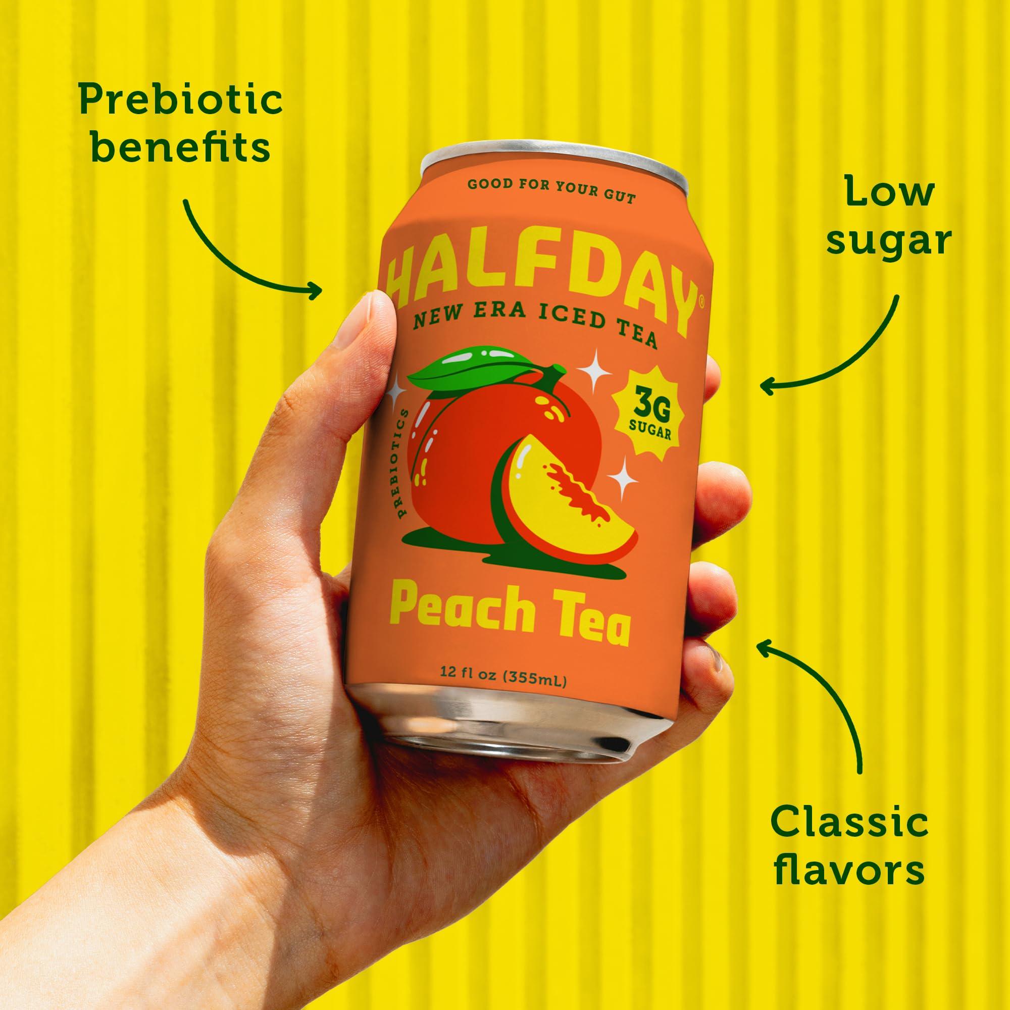 Halfday HALFDAY Prebiotic Peach Iced Tea Cans, Supports Digestive & Gut Health, 8g Plant Fiber & Prebiotics, Low Sugar, 30 Calories, Organic Tea, Natural Caffiene, Gluten Free, Keto, 12 fl oz (12 pack)
