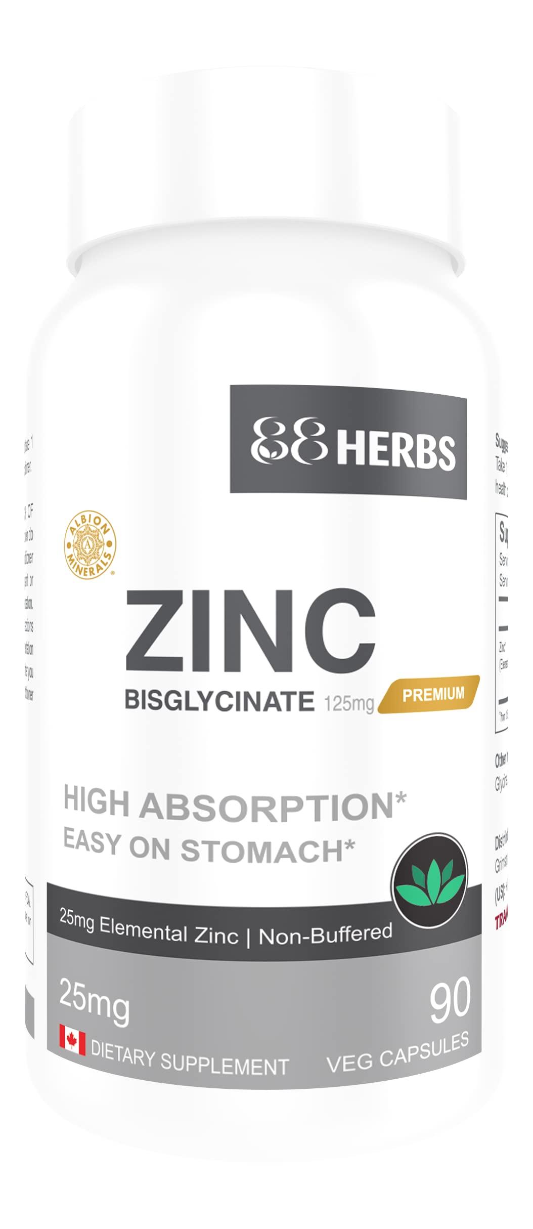 88herbs Zinc Bisglycinate Highest Absorption Non Buffered Premium Grade - 90 Veg Caps 25 mg (Elemental Zinc)