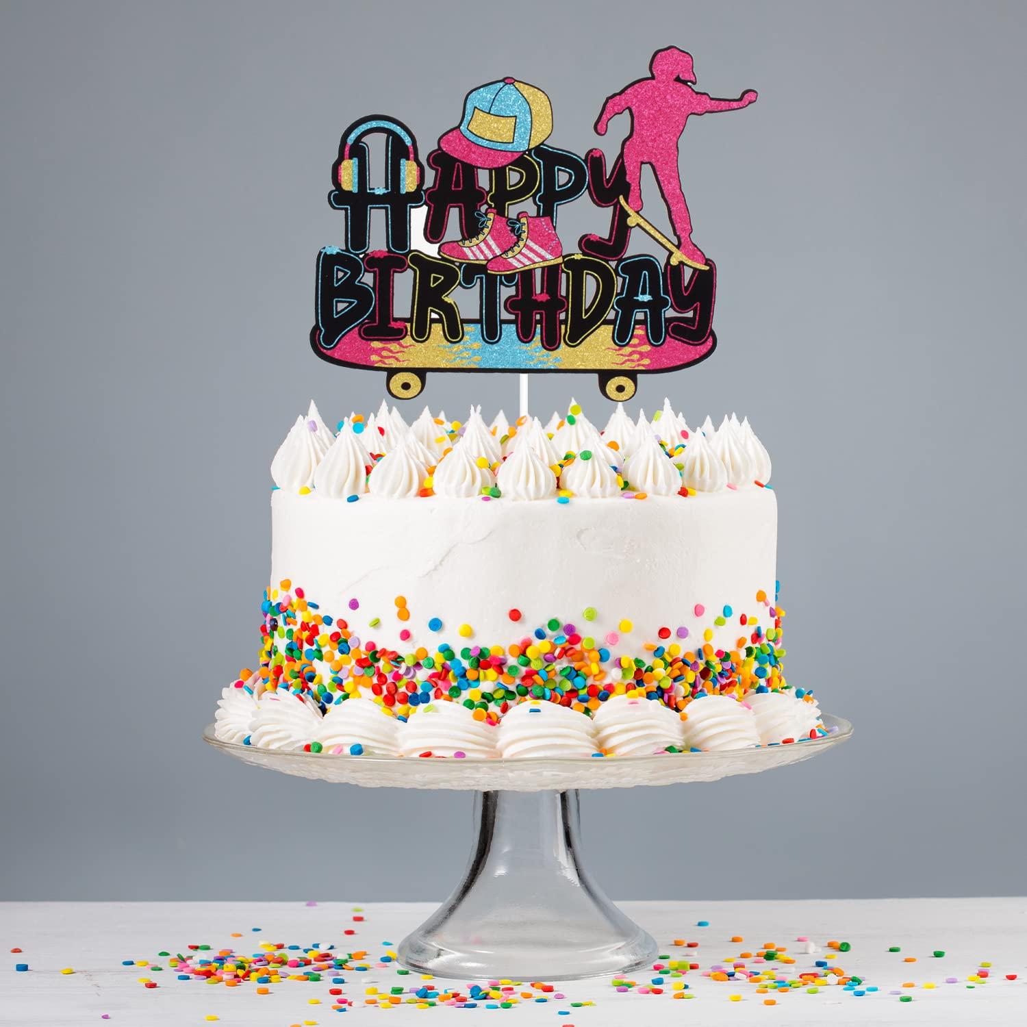 LHCING Girl's Skateboard Happy Birthday Cake Topper - 80's Retro Birthday Party Glitter Skateboard Cake Topper - Sport Skateboarding Birthday Party Cake Topper Decoration