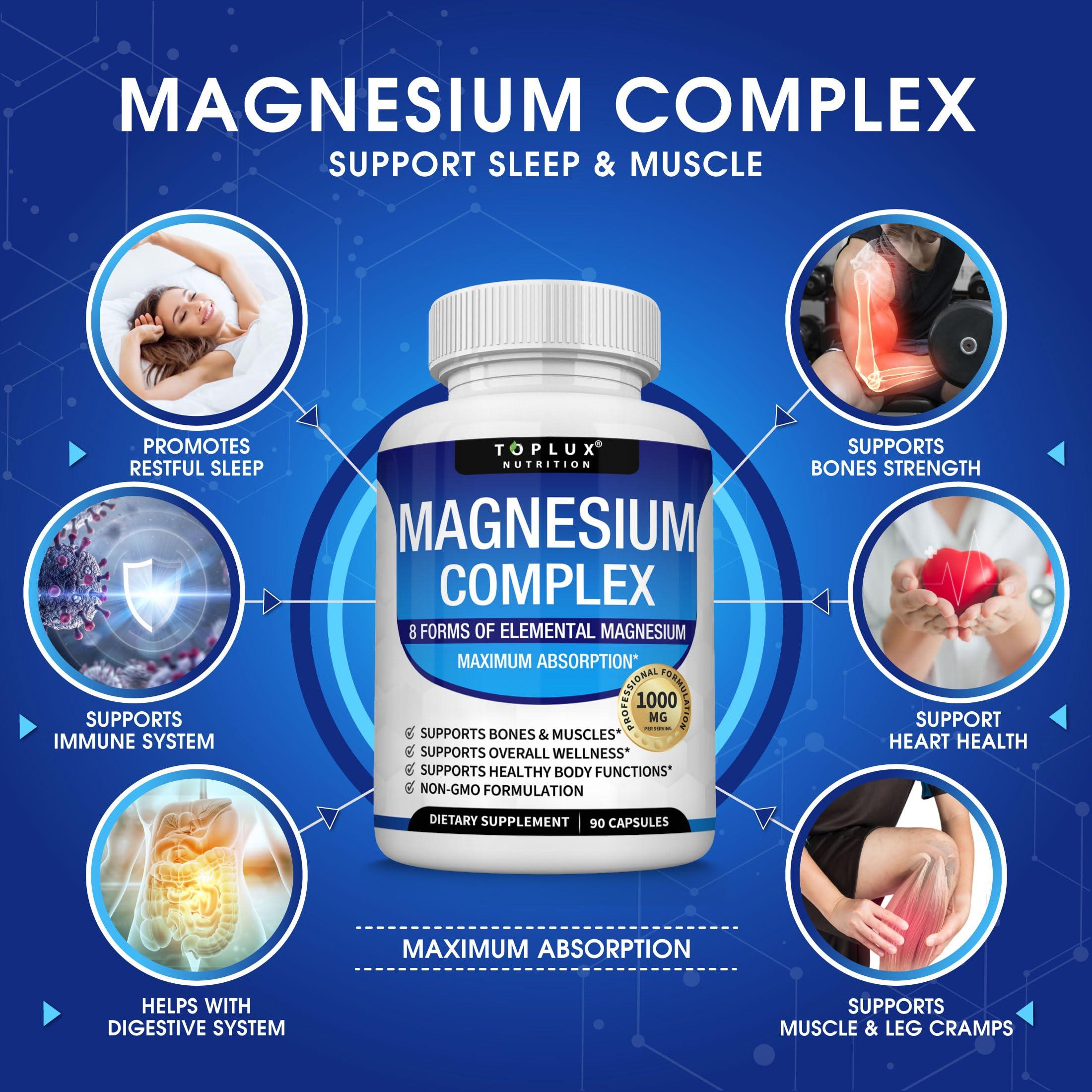 Toplux Magnesium Complex Supplement 8 Elemental Magnesium 1000mg - Magnesium Glycinate, Citrate, Malate, Taurate, Chelated for Easy Absorption for Bones, Muscle, Recovery, Energy, Vegan Non-GMO 90 Capsules