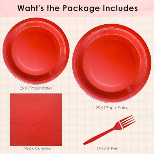 WYQJHKV WYQJHKV Red Party Supplies Set Include Red Paper Plates and Napkins party supplies,Severs 25 Guests Red Dessert Plates,Disposable Cake Plates Paper Plate Red for Birthday Wedding Party