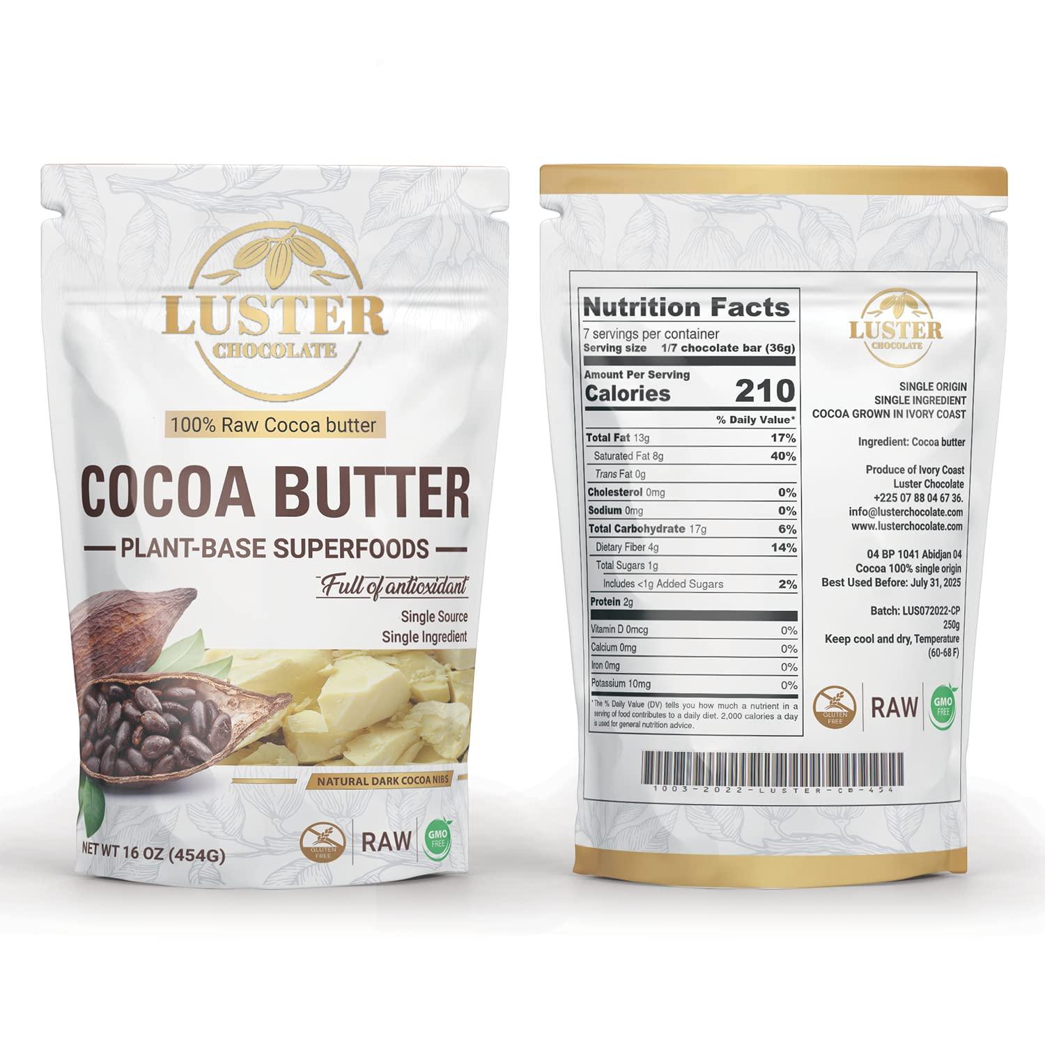 Luster Chocolate Luster Chocolate 100% Natural Cacao Butter Organic 16 oz (454g) Vegan & Non GMO - Gluten Free - Pure Cocoa Butter Raw Organic - Full of Antioxidant