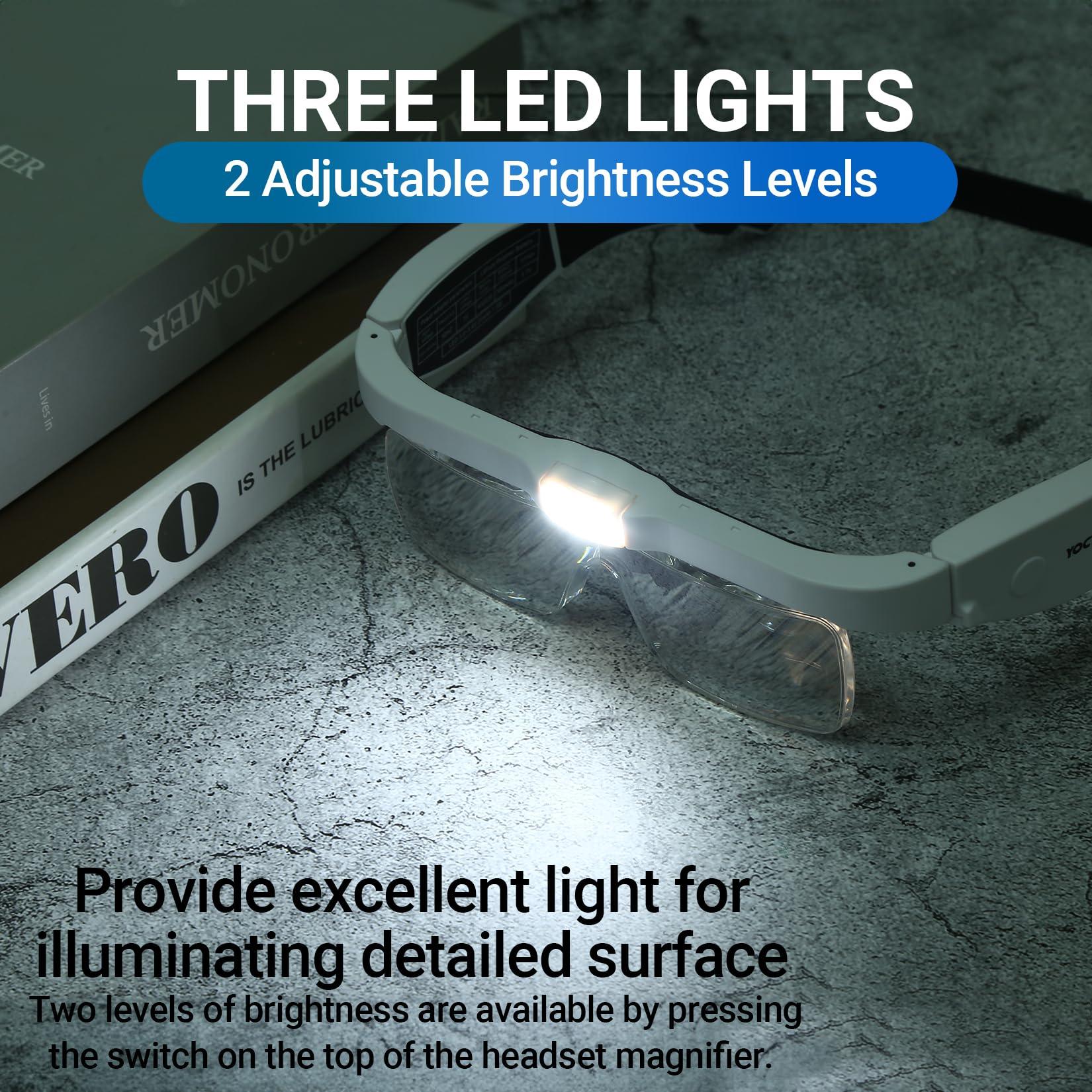 YOCTOSUN YOCTOSUN Head Magnifier Glasses with 3 LED Lights and Detachable Lenses 0.75X, 1.25X,2.0X, 3.0X and 4.0X, USB Charging Eyeglasses Magnifier, Magnifying Glasses with Light for Close Work Hobby Crafts