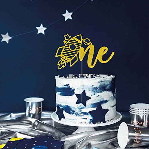 Festus Space One Cake Topper, Outer Space Theme 1st Birthday Party Decoration, First Trip Around the Sun Cake Topper, Space Party Galaxy Theme Cake Smash Sign for Kids