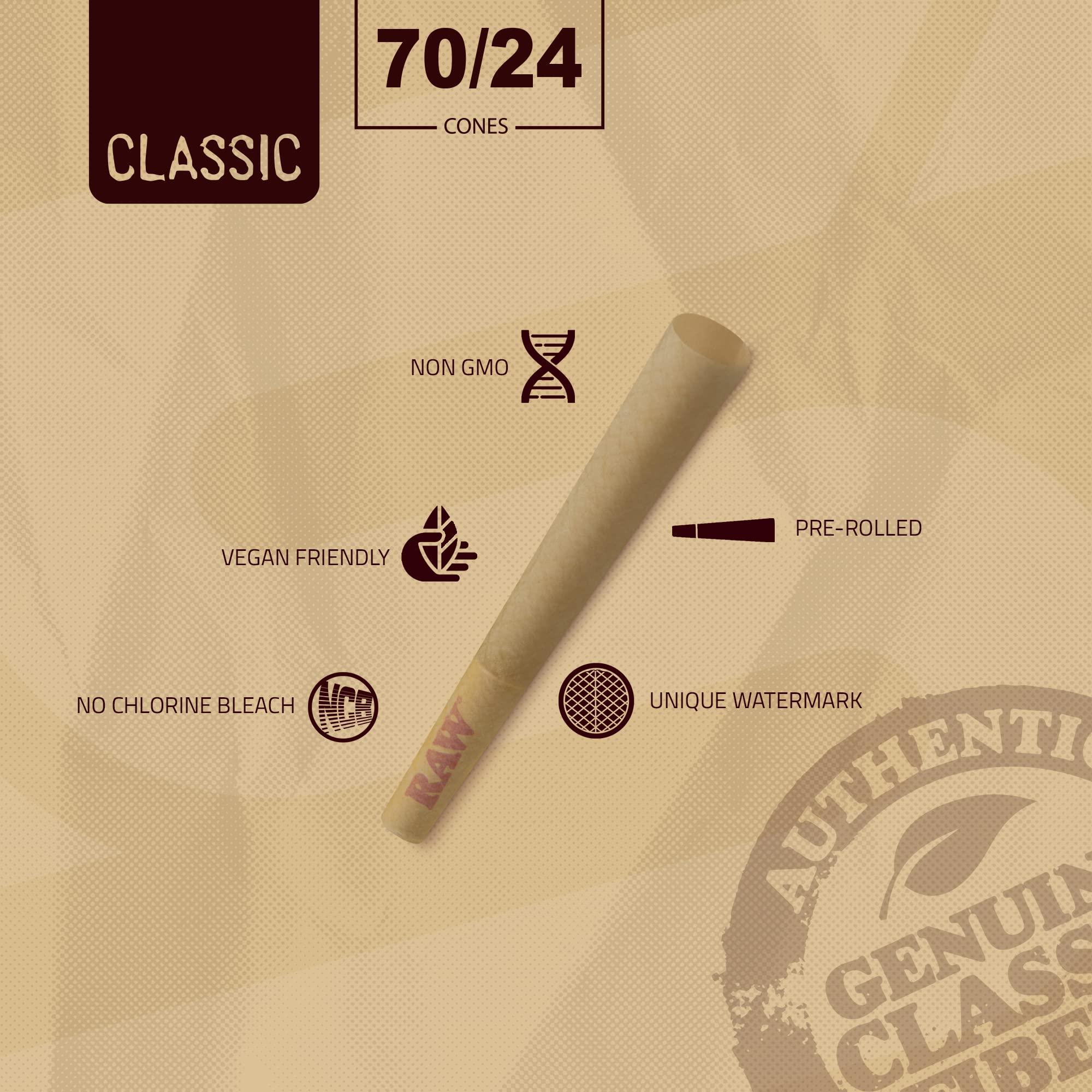 RAW RAW 70/24 Slow Burning Prerolled Cones - Shorter than 1 1/4 - Inside a RAW Metal Tin Container with Packing Tubes | 20 Pack