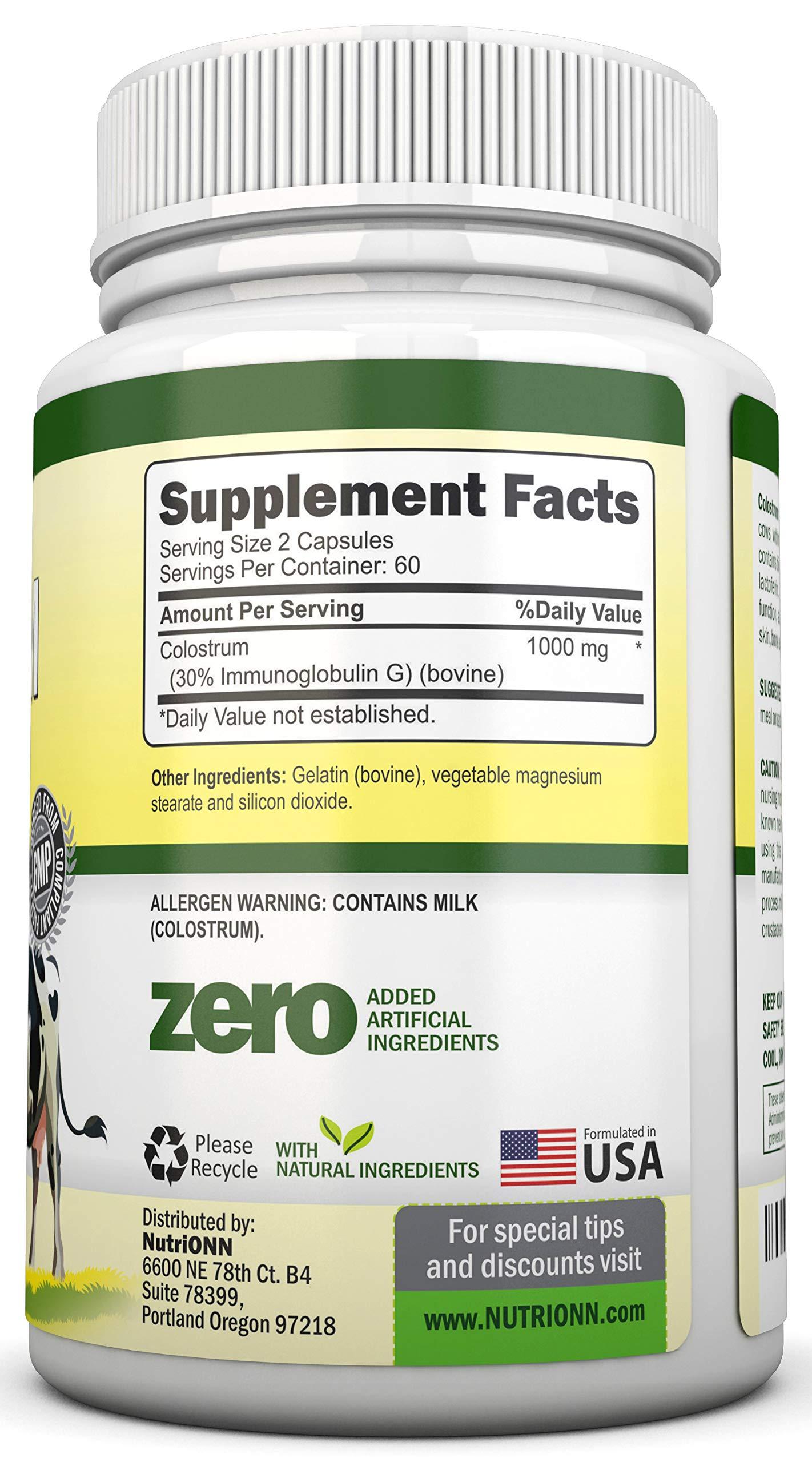 NutriONN Colostrum - 1000mg - 120 Capsules - 30% IgG - Non-GMO US Dairy - First Milking Bovine Colostrum - Low Heat Processed - Great for GI Tract Health - Immune Support - Bone and Muscle Health