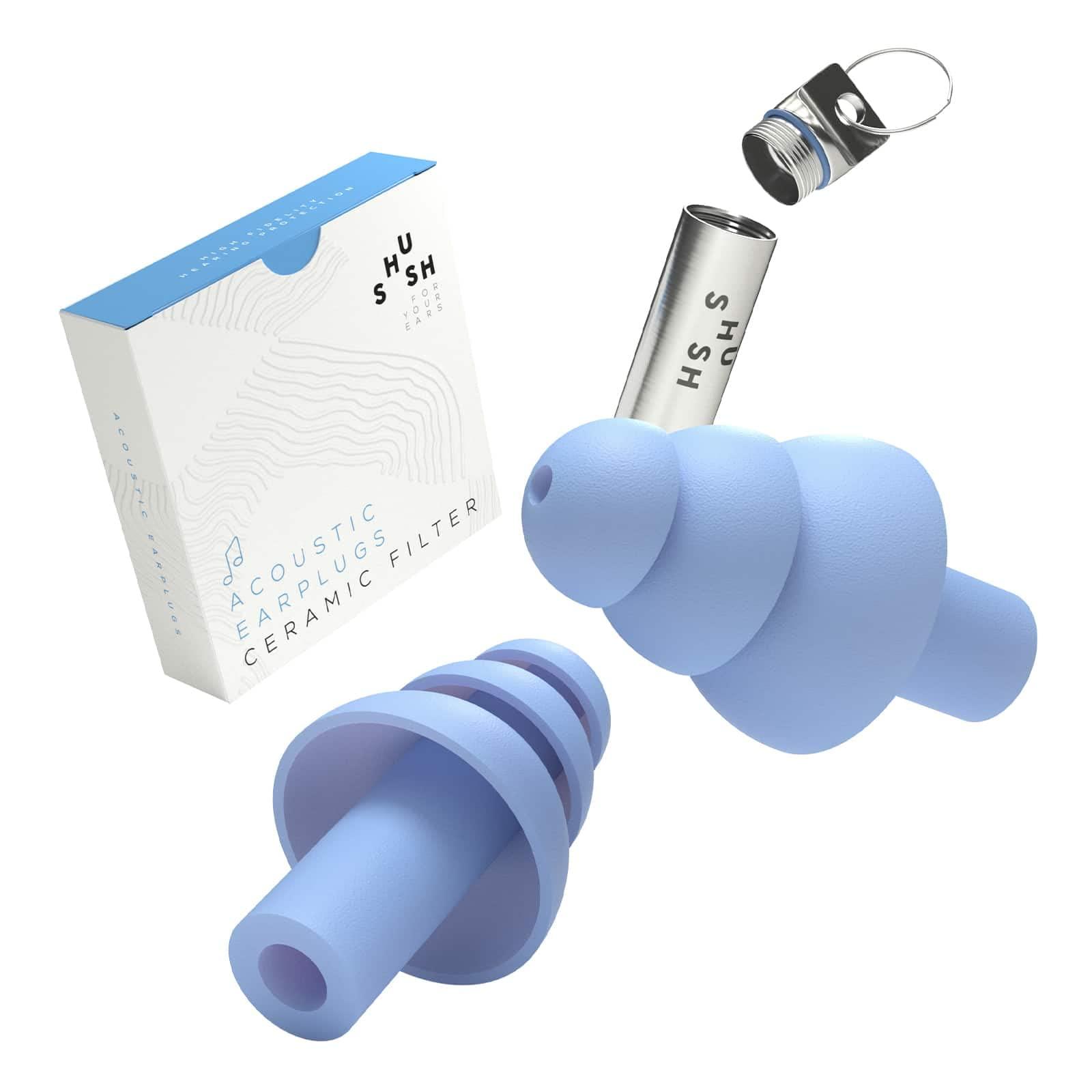 Shush Shush Acoustic Earplugs - for Music Festivals, Clubs and Concerts - Ceramic Filter for Superior Sound Quality (SNR 23 dB) - High Fidelity Hearing Protection - Reusable Over 365 x Sky Blue