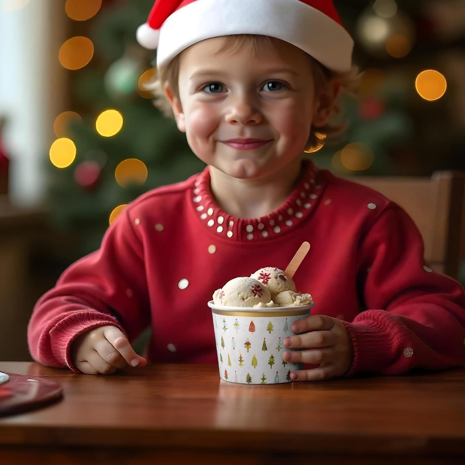 Confettiville Confettiville Paper Ice Cream Cups, 50-Count 9-Oz Disposable Dessert Bowls for Hot or Cold Food, 9-Ounce Christmas Party Supplies Treat Cups, Handdrawn Christmas Trees, Gold Foil