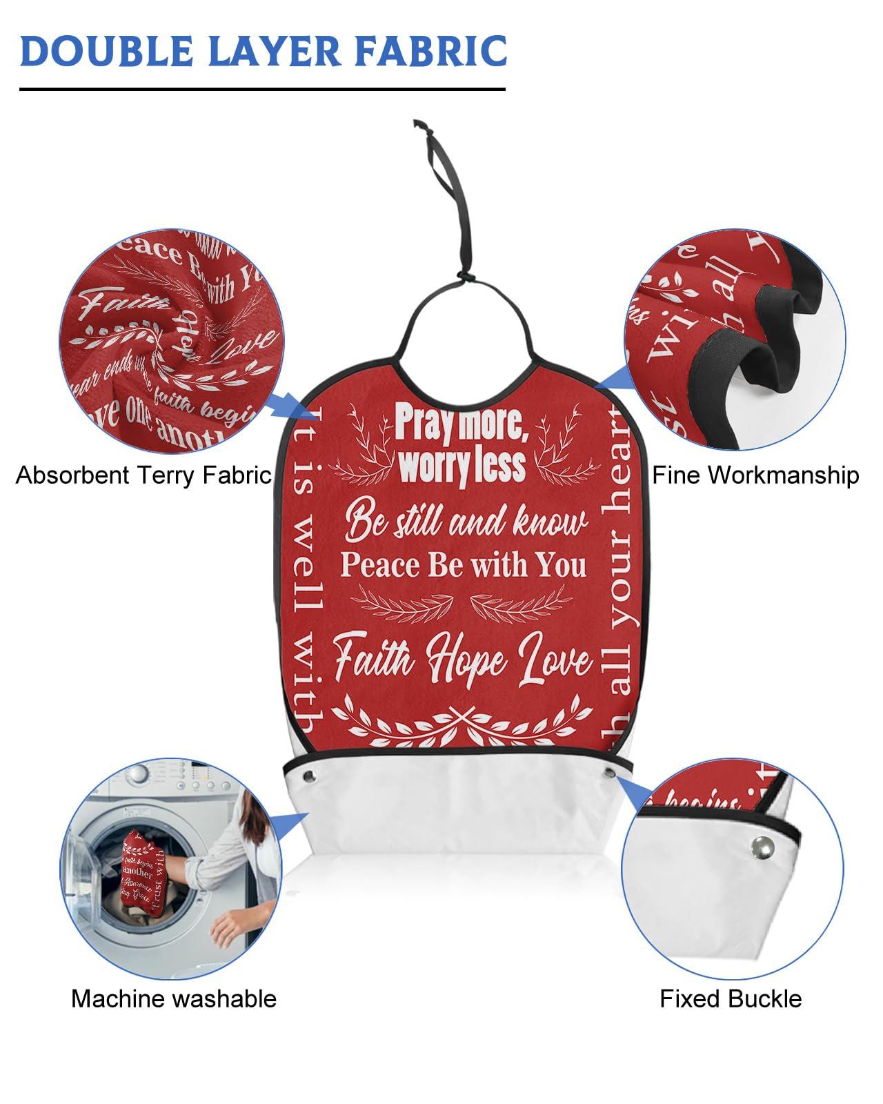 QueenKer Adult Bibs for Eating, Pray More, Worry Less Touching Quotes Red Background Waterproof Clothing Protector Washable Adult Bib with Crumb Catcher for Elderly Men and Women Seniors