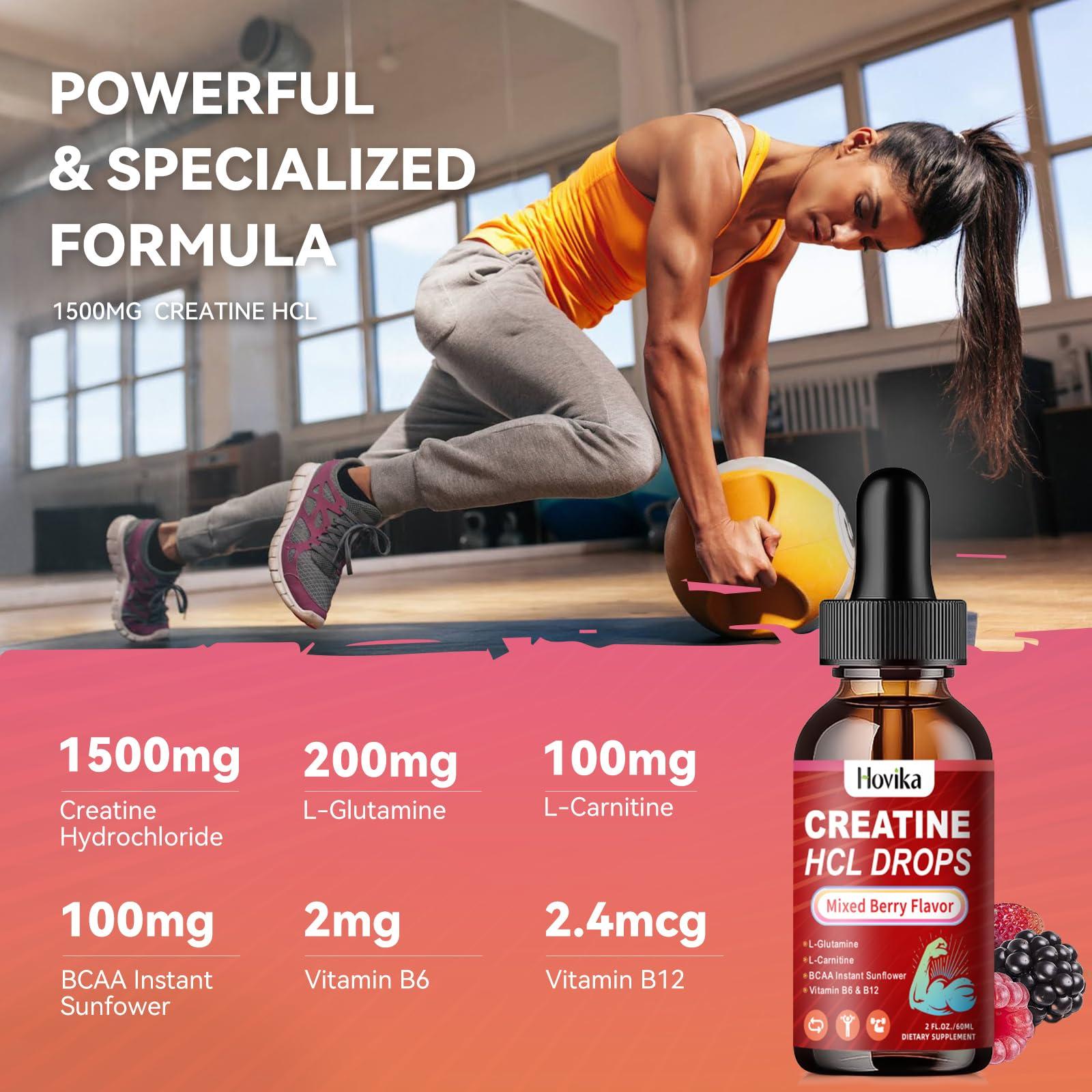 Hovika Creatine HCL Liquid Drops for Men & Women, Creatine Hydrochloride with L-Carnitine, L-Glutamine, BCAA, Vitamin B12 & B6 for Muscle Growth & Recovery-Vegan, Mixed Berry Flavor Flavor, 2 Fl Oz