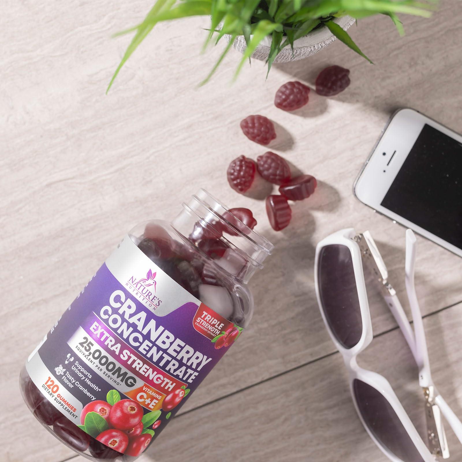 Nature's Nutrition Cranberry Gummies - Urinary Tract Health Gummy + Vitamin C - 25,000mg - Triple Strength Cranberry Concentrate Extract Supplement Pills, Ultimate Potency, Non-GMO, Gluten Free - 120 Gummies