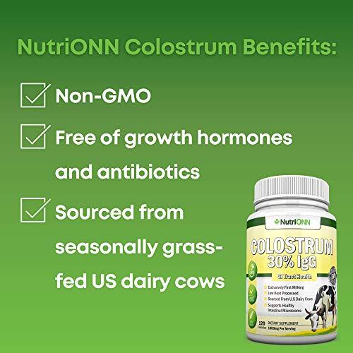 NutriONN Colostrum - 1000mg - 120 Capsules - 30% IgG - Non-GMO US Dairy - First Milking Bovine Colostrum - Low Heat Processed - Great for GI Tract Health - Immune Support - Bone and Muscle Health