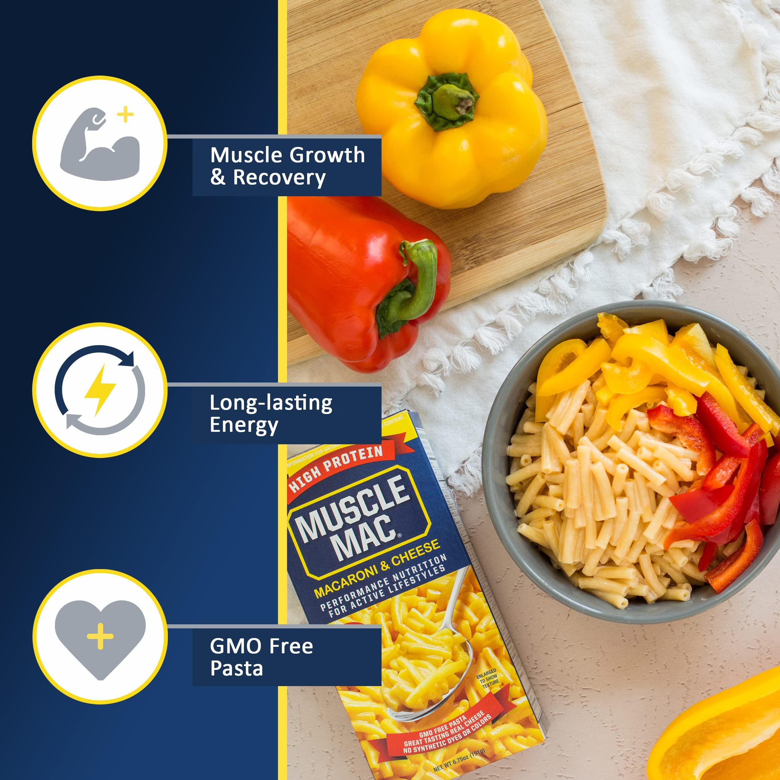MUSCLE MAC Muscle Mac High Protein Macaroni & Cheese 6.75 oz. 10 Pack + Macaroni & Cheese GrassFed Cows Butter3.6 oz. 12 Pack
