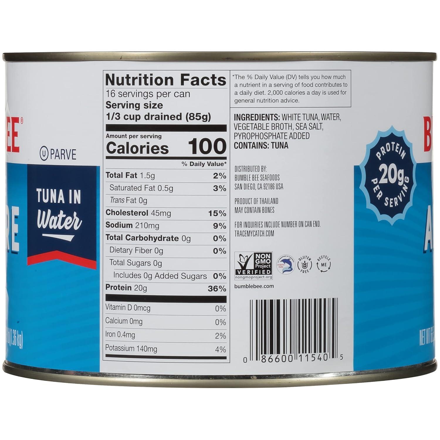 Bumble Bee Bumble Bee Chunk White Albacore Tuna in Water, 66.5 oz Bulk Food Service Can - Wild Caught Tuna - 20g Protein per Serving, High in Omega-3s - Non-GMO Project Verified, Gluten Free, Kosher
