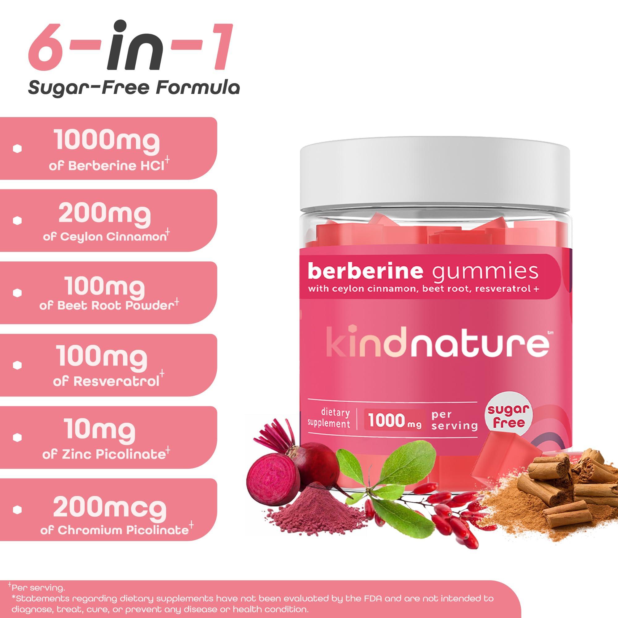 kindnature Kind Nature 1000mg Berberine Gummies - Sugar Free Natural Berberine Supplement Gummies with Ceylon Cinnamon & Beet Root - Non GMO, 3rd Party Tested Berberine Complex