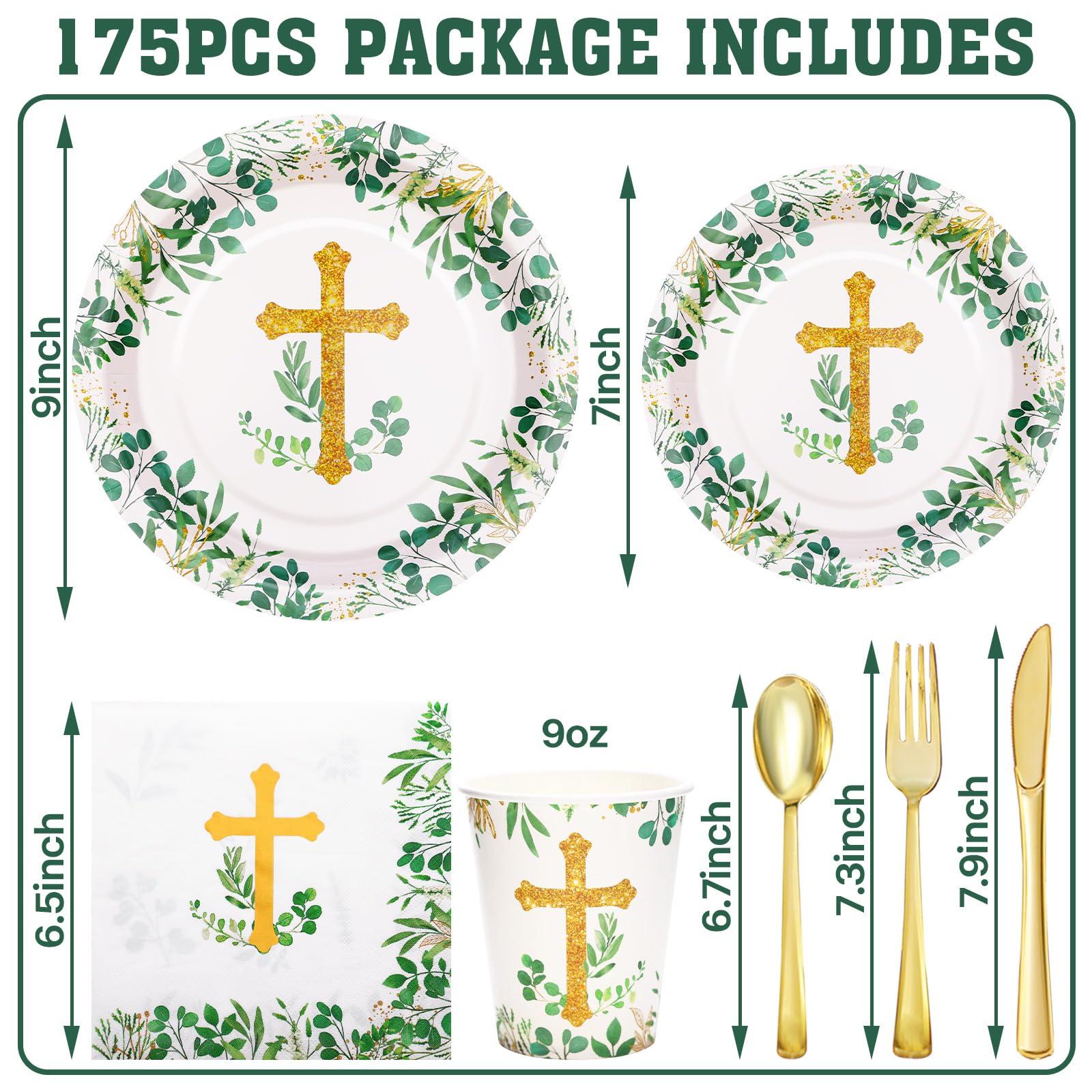 joy akkess 175 PCS Baptism Plates and Napkins Party Supplies - Baptism Decorations for Boys - God Bless Disposable Paper Plates First Communion Plates for Christening Baby Shower Party Decorations