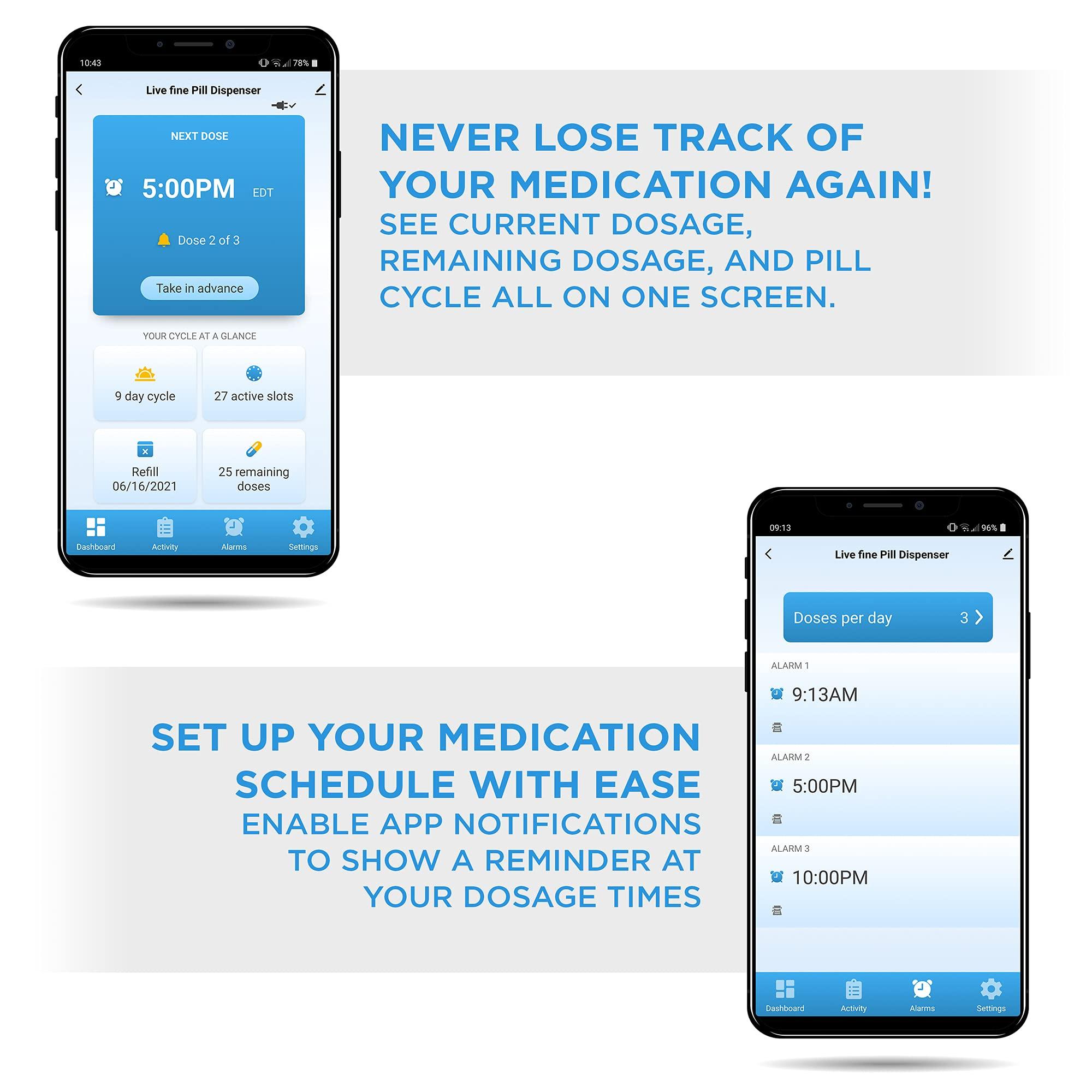 Live Fine LiveFine Smart WiFi Automatic Pill Dispenser | 28-Day Medication Organizer Up to 9 Doses Per Day for Care Monitoring with Locking Key, Adjustable Light/Sound Alarms for Prescriptions & Vitamins