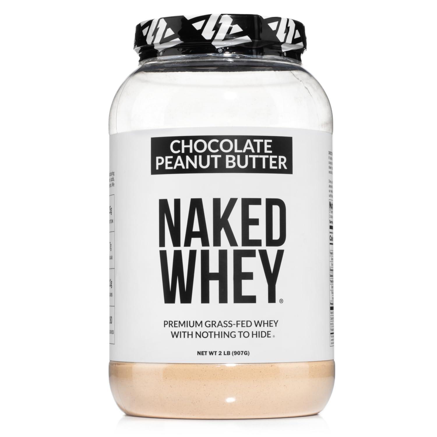 NAKED Naked Nutrition Whey Chocolate Peanut Butter Protein Powder, Grass Fed Whey, No GMO, No Soy, and Gluten Free. Nothing Artificial, Aid Growth and Recovery - 21 Servings