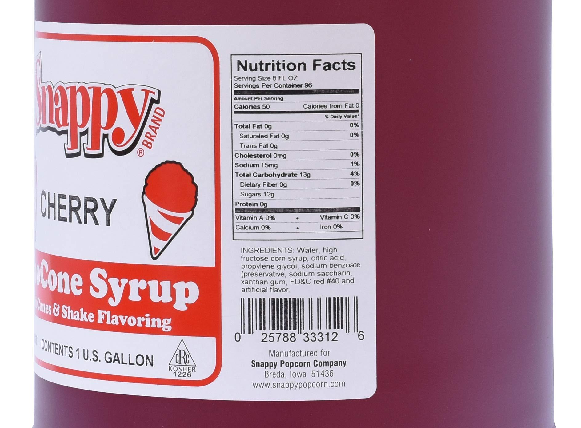 SNAPPY Snappy Cherry Sno Cone Syrup, 1 Gallon (128 ounces) Size, Ready to Use Snow Cone Machine Syrup, Flavored Syrup for Shaved Ice, 12 Snow Cone Flavor Options