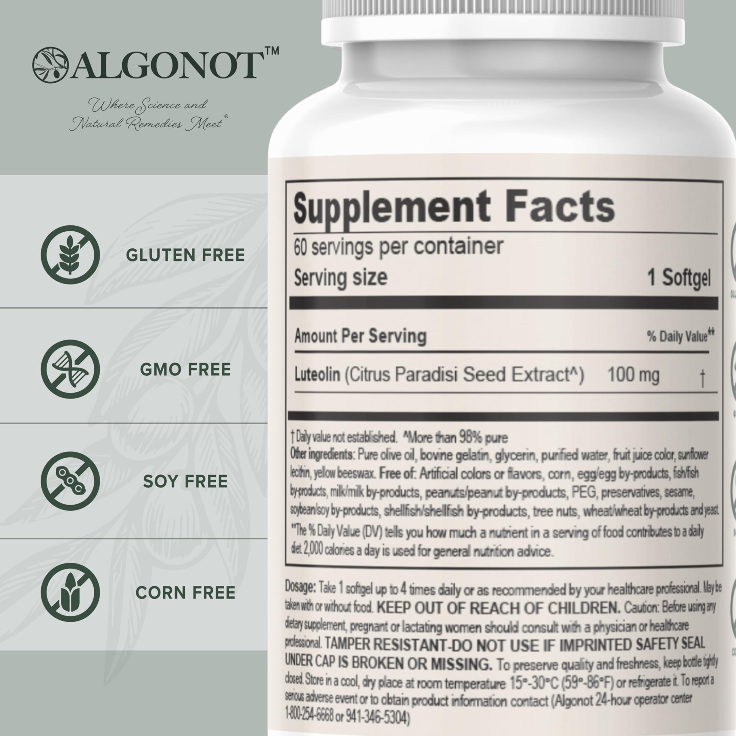 Algonot PureLut: Pure liposomal Luteolin - 60 softgels, 4 Pack, Patented Combination of Pure Luteolin in Olive Pomace Oil. for Immune Support, May Reduce damaging Free radicals & inflammatory Molecules.