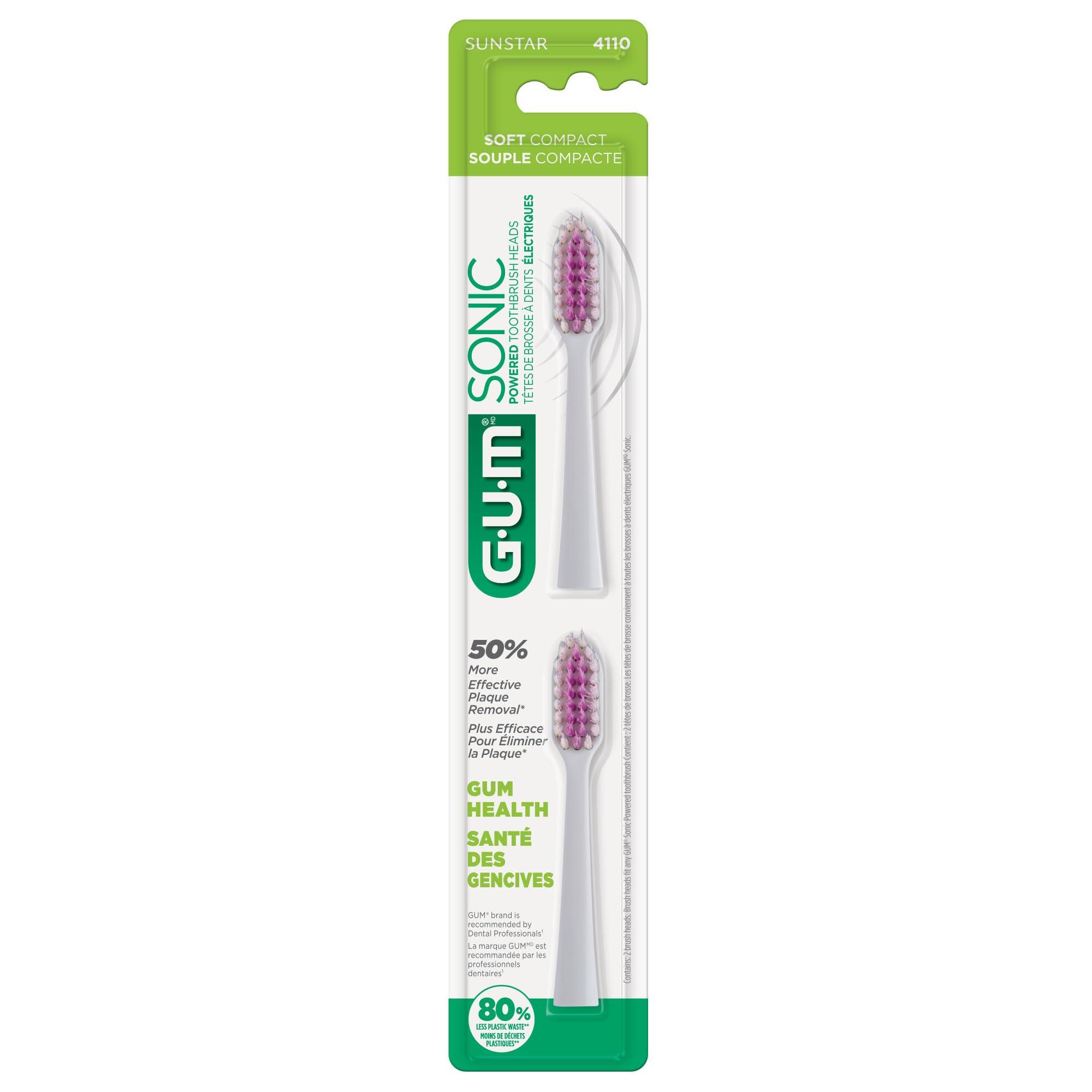 GUM GUM Sonic Powered Toothbrush, Tapered Bristles Clean Below The Gumline, Bundle, White, 1 Handle(1ct) + 2 Refills(2ct. 1pk)
