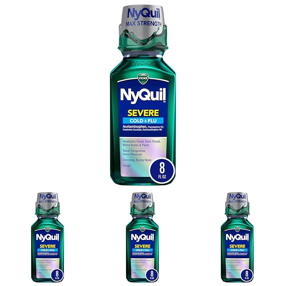 Vicks Vicks NyQuil Severe Cold and Flu Relief Liquid Medicine, Maximum Strength, 9-Symptom Nighttime Relief for Headache, Fever, Sore Throat, Nasal Congestion, Sinus Pressure, Runny Nose, Cough, 8 FL OZ
