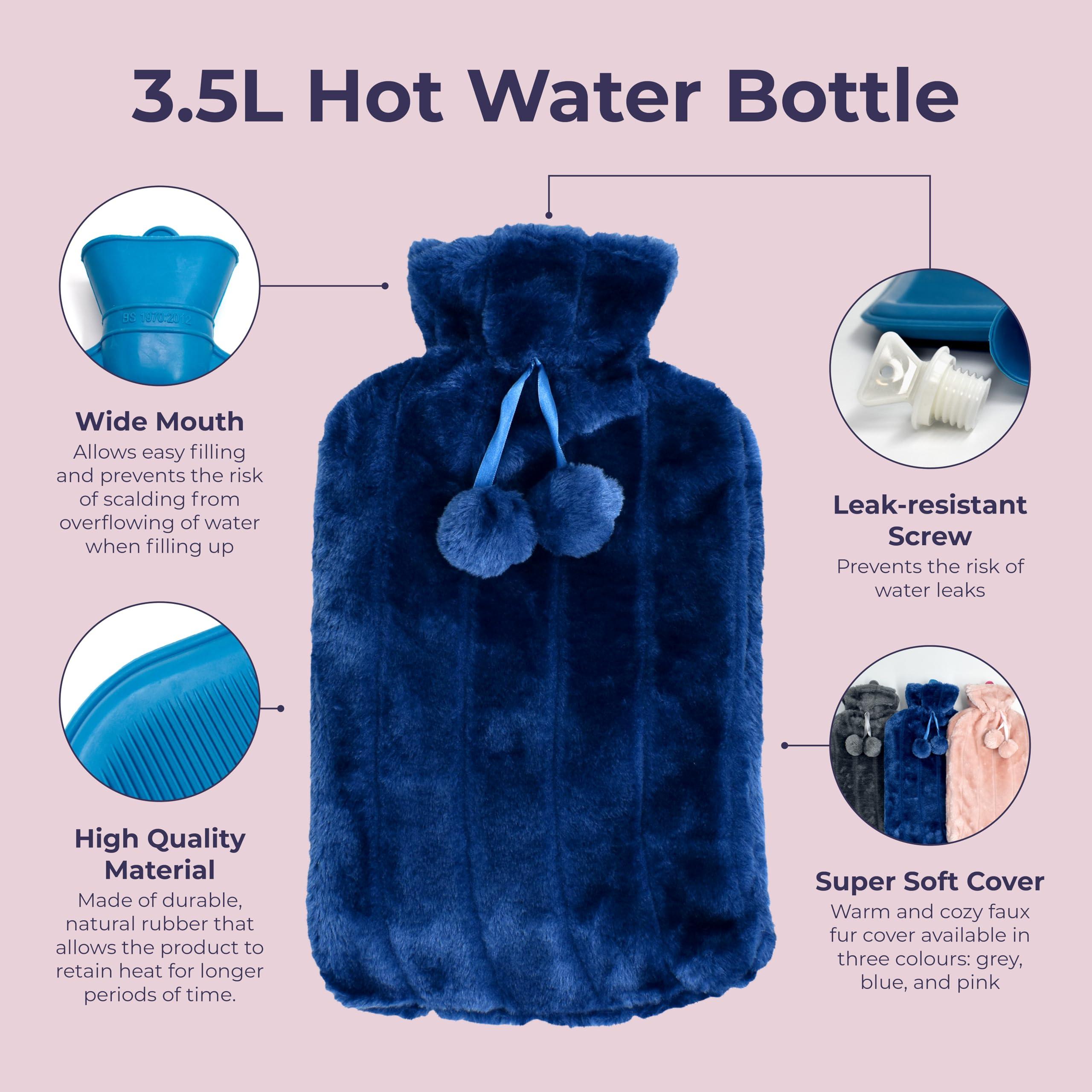volila XXX-Large Hot Water Bottle with Cover - 3.5L Blue Hot Water Bag for Pain Relief - 118Fl Oz Extra Large Washable Soft Faux Fur, Big Hot Water Pack for Sore Muscles, Period Cramps, Hot and Cold Compress