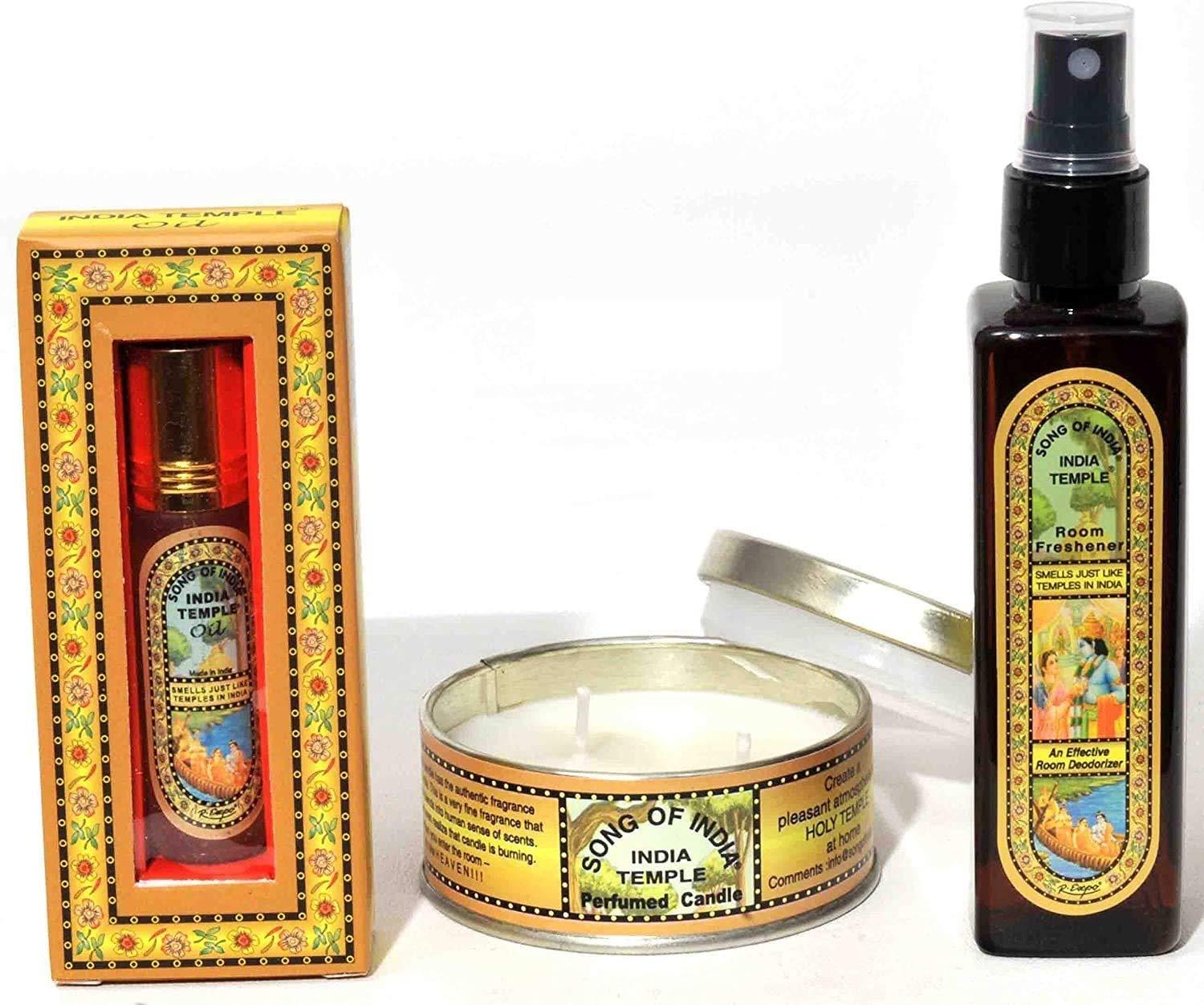 Song of India Song of India - India Temple Gift Set #5, Room Freshener Spray, Scented Oil & Candle.