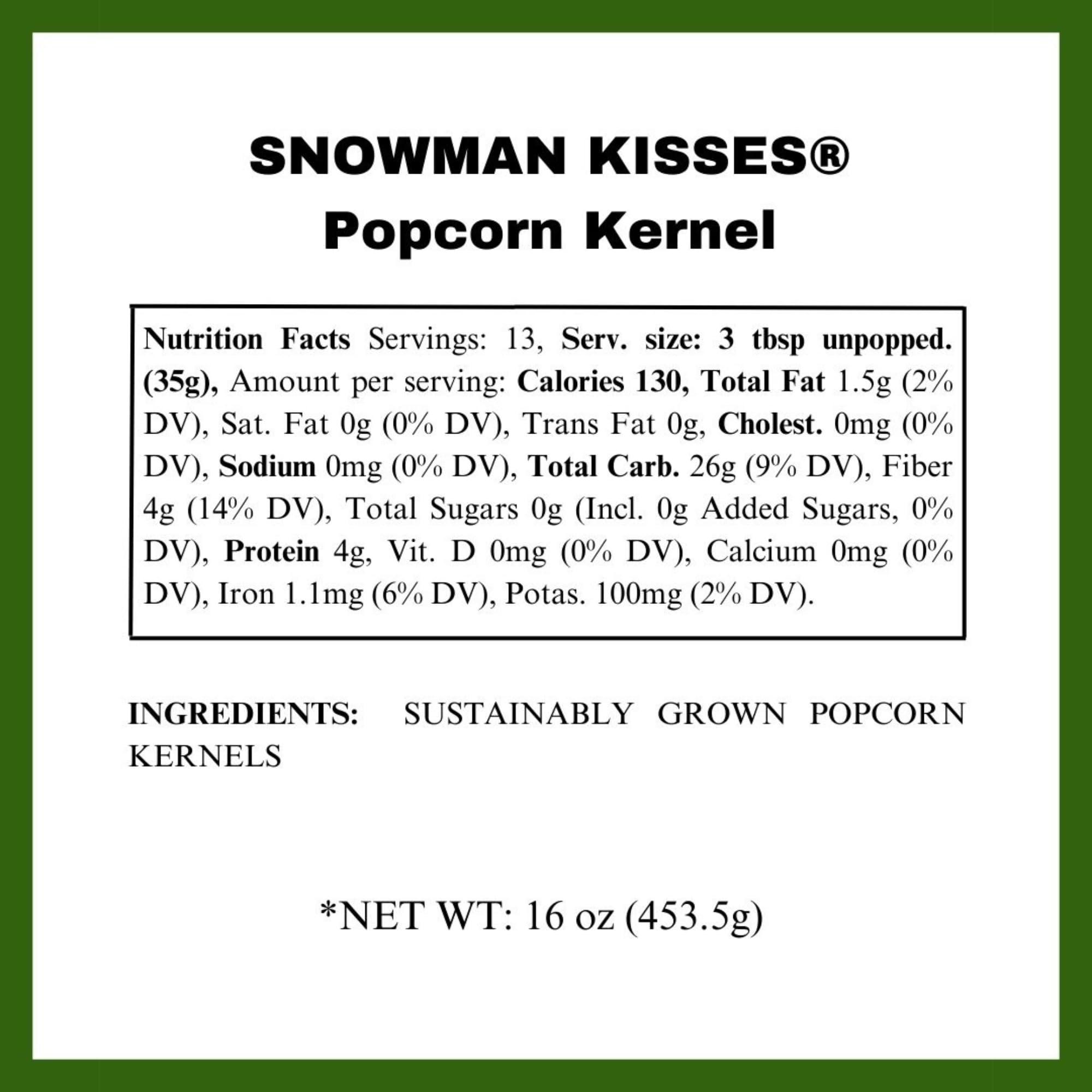 DELL COVE SPICES & MORE Snowman Kisses Gourmet Popcorn Kernels by Dell Cove Spices - Unique Christmas Stocking Stuffer Gift - Ideal for Stovetop, Popcorn Machines and Popcorn Makers, One Pound