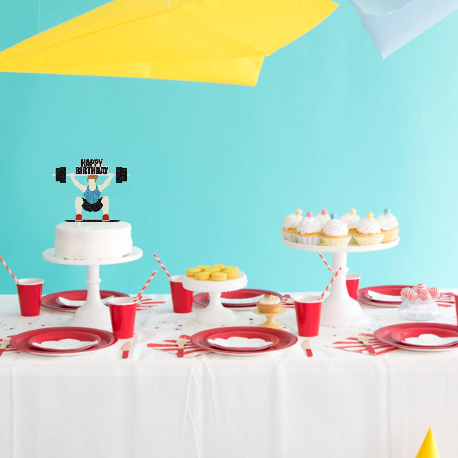SugarGera Happy Birthday Weightlifter Cake Topper- Fitness Theme Party, Athlete Theme Birthday Party Weightlifting Decoration -SugarGera