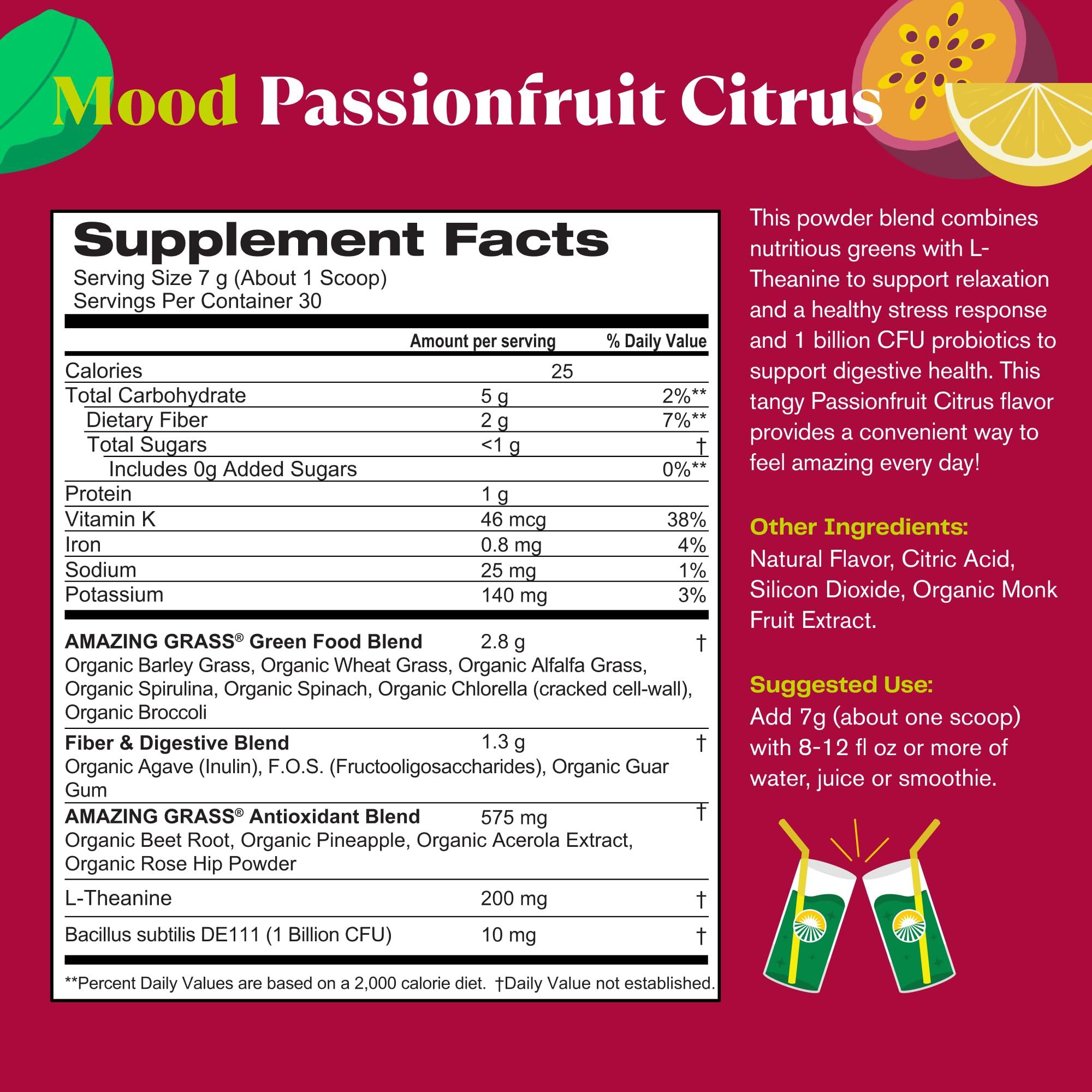 Amazing Grass Amazing Grass Greens Blend Mood: Super Greens Powder Smoothie Mix for Mood, Relaxation & Stress Support with Organic Spirulina, Chlorella, Beet Root Powder, Digestive Enzymes & Probiotics, 30 Servings