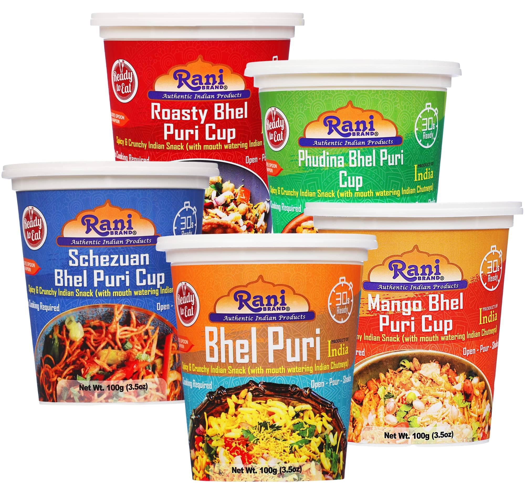 Rani Brand Authentic Indian Products Rani Bhel Puri Cups 5 Flavors-in-1 Set (Regular, Roasty, Mango, Schezuan, Pudina) 3.5oz (100g), Pack of 5 ~ Spicy & Crunchy Indian Snack | Ready to Eat | Vegan | NON-GMO | Indian Origin